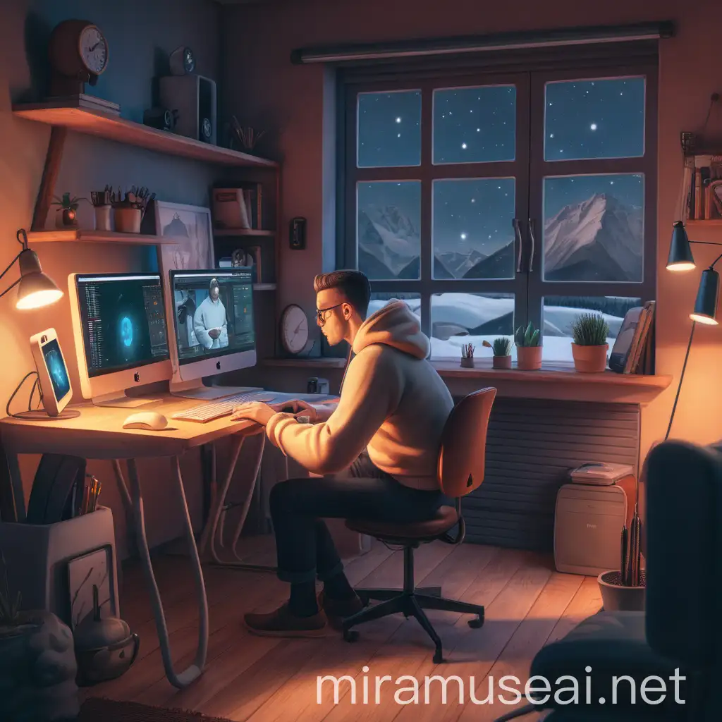a man sitting at a computer in a cozy studio