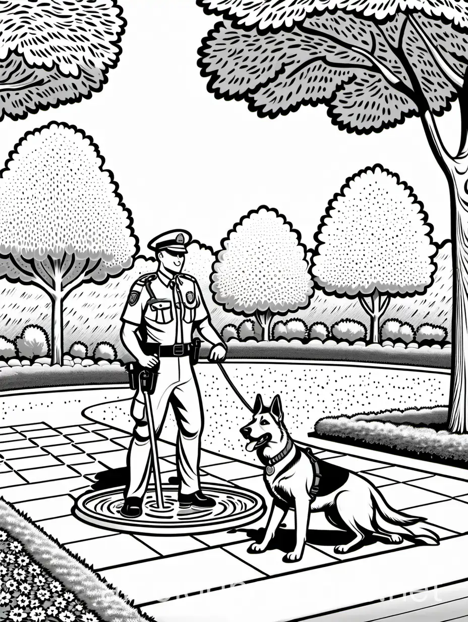 Coloring Page, black and white, line art, white background, Simplicity, Ample White Space. The background of the coloring page is plain white to make it easy for young children to color within the lines German Shepherd    - Scene: A German Shepherd helping a police officer in a park, with children playing on swings and a fountain nearby.    - Fact: German Shepherds are often used as police and military dogs due to their intelligence and trainability.German Shepherd    - Scene: A German Shepherd helping a police officer in a park, with children playing on swings and a fountain nearby.    - Fact: German Shepherds are often used as police and military dogs due to their intelligence and trainability., Coloring Page, black and white, line art, white background, Simplicity, Ample White Space. The background of the coloring page is plain white to make it easy for young children to color within the lines. The outlines of all the subjects are easy to distinguish, making it simple for kids to color without too much difficulty