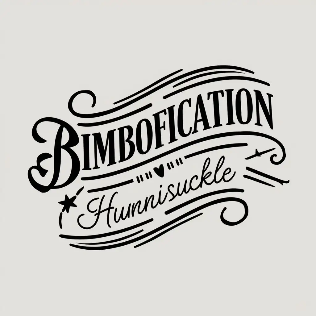 black and white vector of tramp stamp style y2k tattoo saying "bimbofication x hunnisuckle@