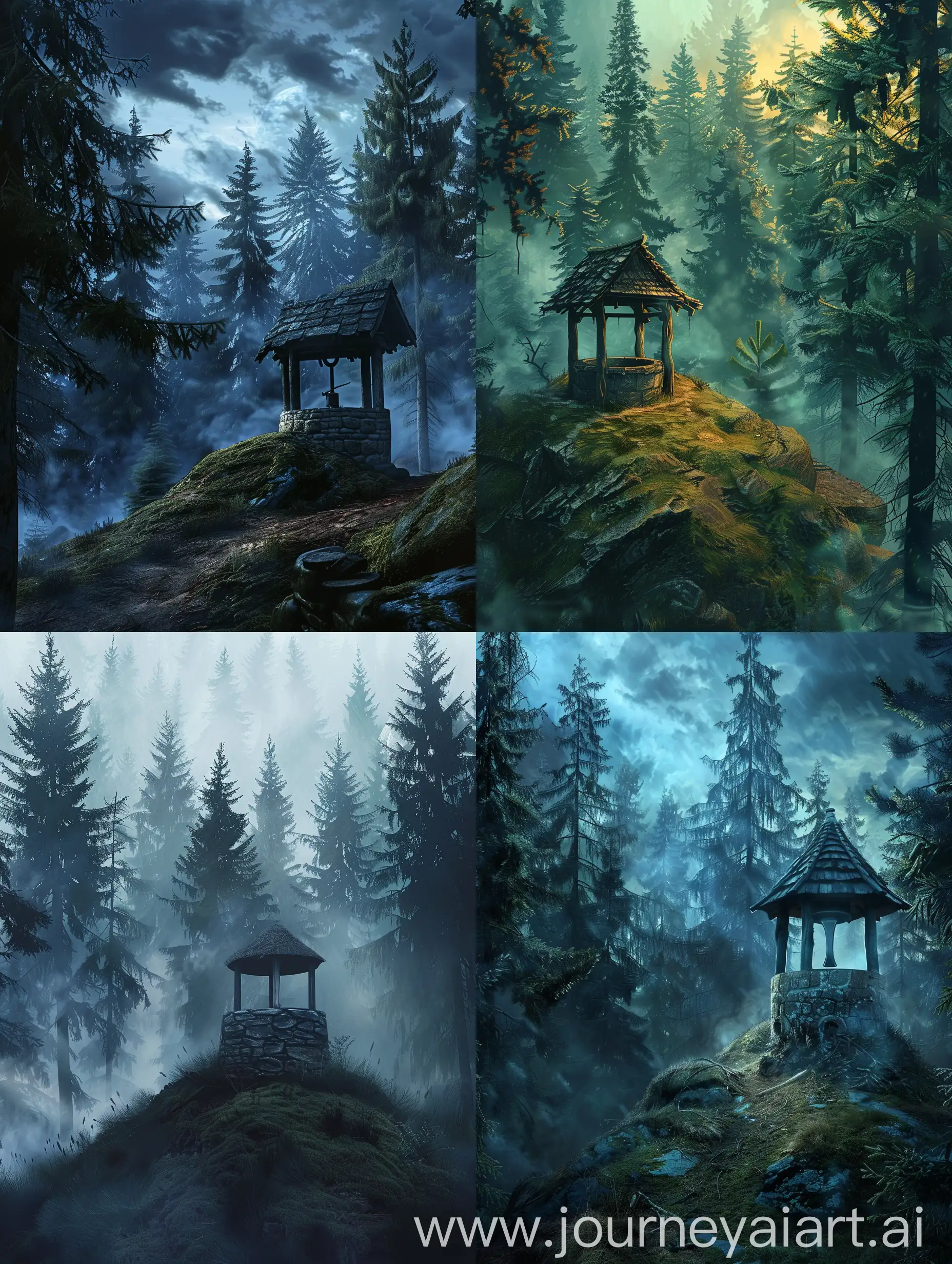 Fantasy-Well-on-Hill-in-Dark-Pine-Forest