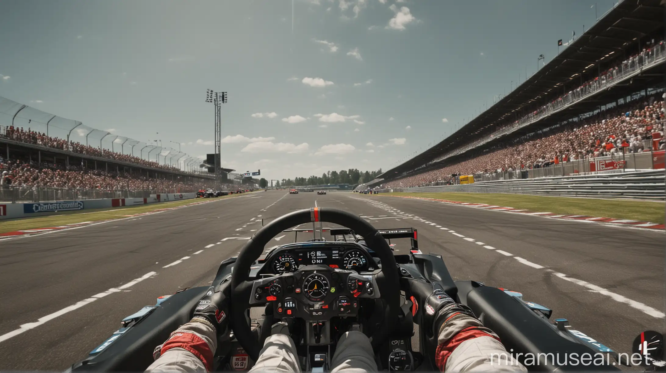Create an image from the perspective of a Formula 1 driver during a race. The image should show the driver's hands gripping the steering wheel, the halo device around the cockpit, and the surrounding track environment. The steering wheel should have various buttons and displays visible. The halo should partially frame the view, giving a realistic sense of the driver's field of vision. The track ahead should be dynamic, possibly showing a curve, other racing cars, or race track barriers. The surroundings should include elements like grandstands with spectators, pit buildings, and advertisement banners typical of an F1 race. The overall atmosphere should convey speed, focus, and the intensity of a high-speed race.