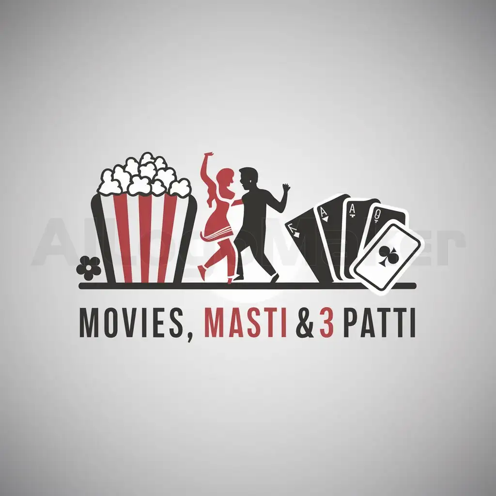 a logo design,with the text "Movies, Masti & 3 Patti", main symbol:Bollywood Movies, Indian Masti(Fun & Entertainment), Teen Patti,Moderate,be used in Entertainment industry,clear background