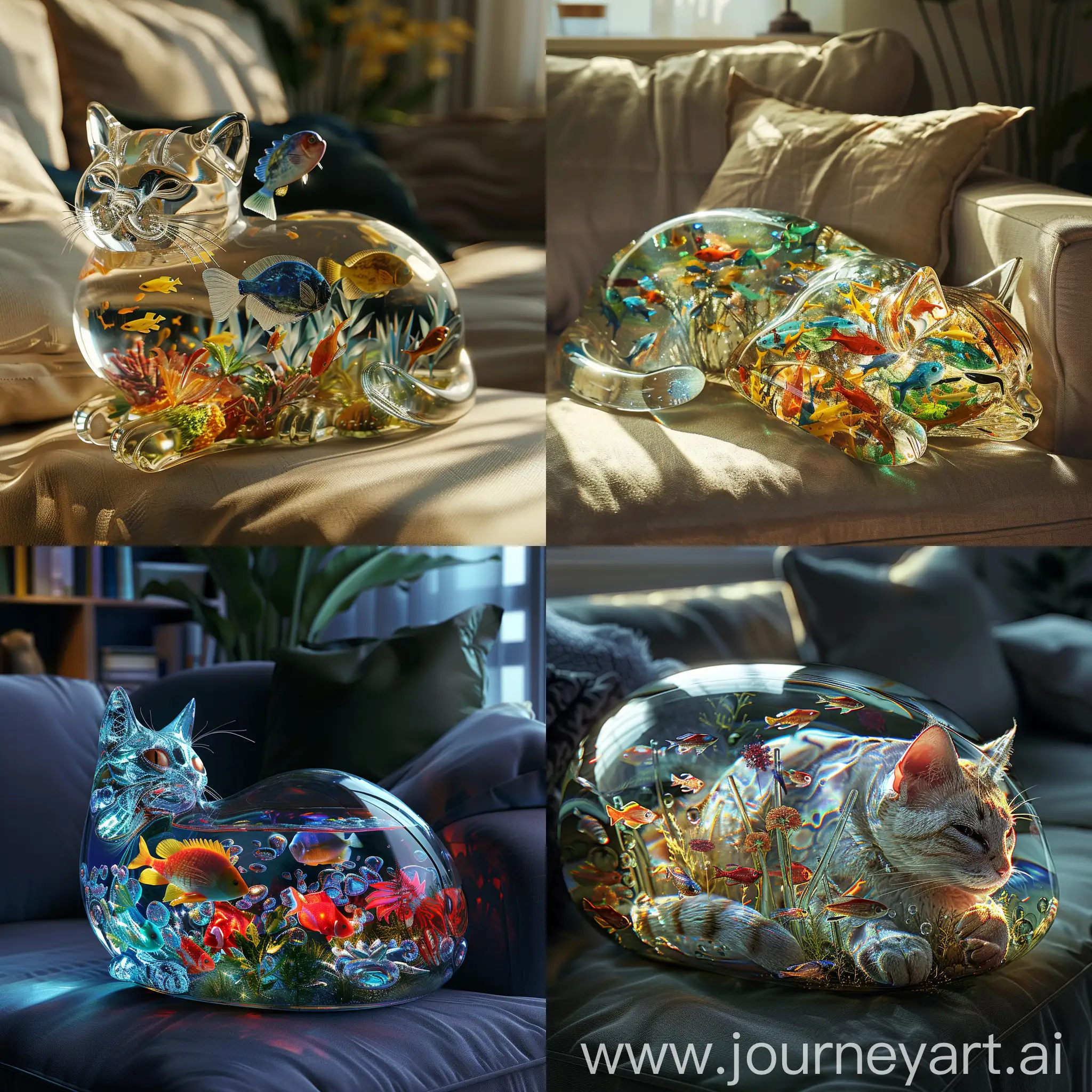 Create an image of a cat made entirely of glass, filled with water and colorful tropical fish, lying on the couch, glamour