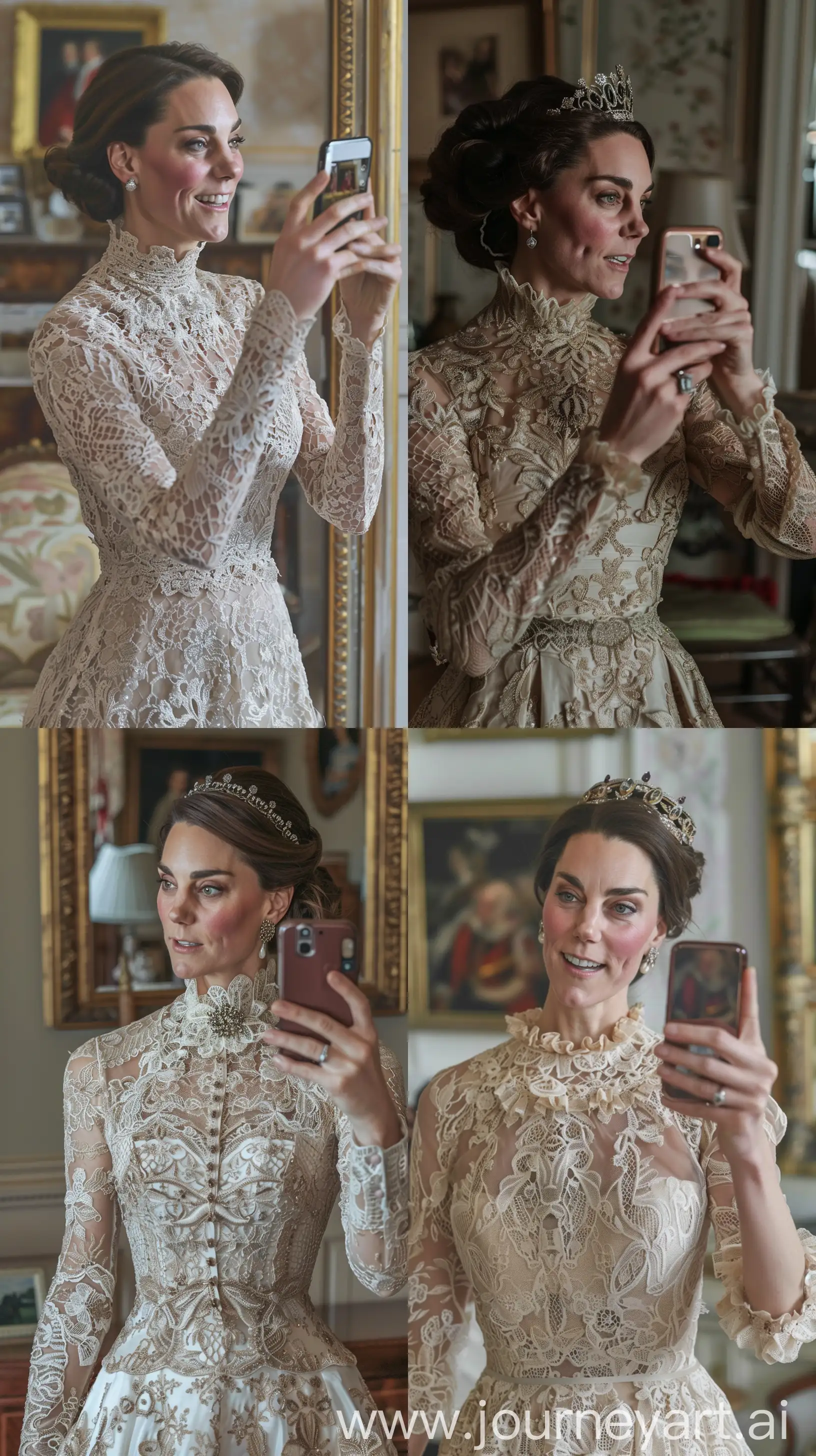 Princess Kate Middleton taking a selfie in a lace dress with collar, ornate, sensible, and gorgeous, wide set, profile throw face away in room --ar 9:16