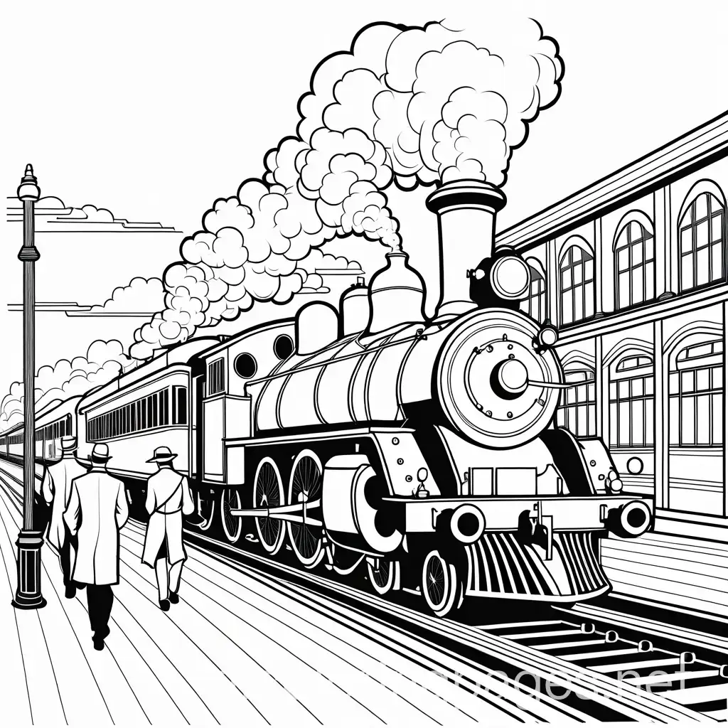 steam train in the style of a coloring book in the station with passengers waiting on the side looking down from the top, Coloring Page, black and white, line art, white background, Simplicity, Ample White Space. The background of the coloring page is plain white to make it easy for young children to color within the lines. The outlines of all the subjects are easy to distinguish, making it simple for kids to color without too much difficulty