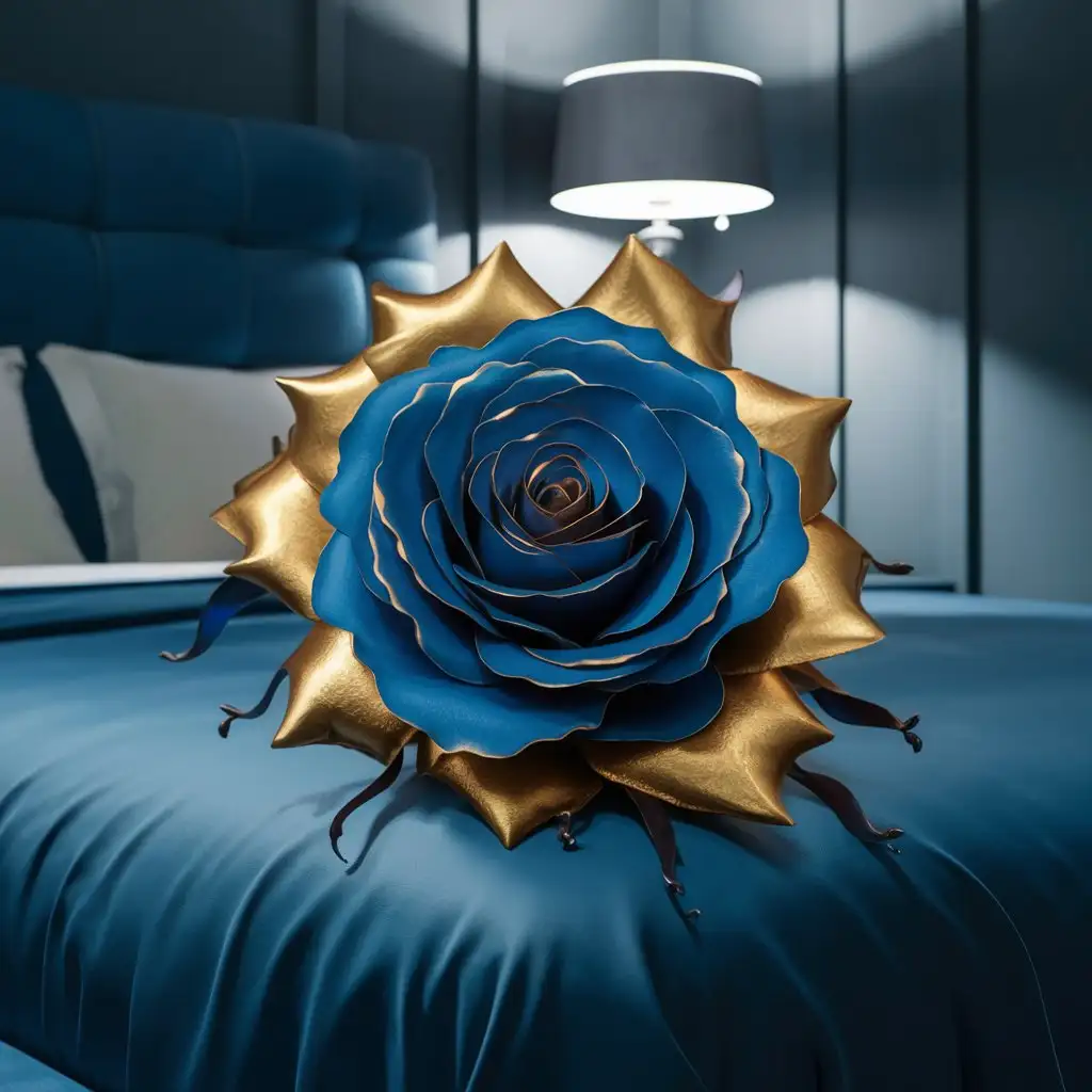 Elegant Blue and Gold Rose on a Luxurious Blue Bed