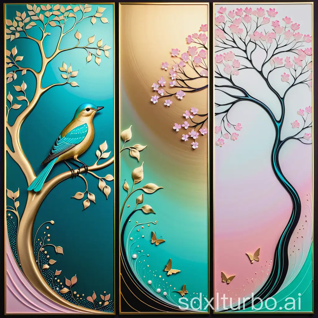 3 panels:
small bright flowers, fancy trees, a miracle bird;
fractal;
liquid gold color, pearl, matte azure, ash pink, dark mint; contour lines with black ink".