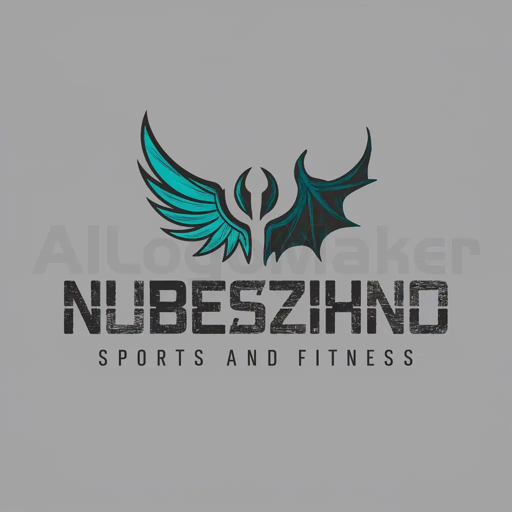 a logo design,with the text "Nubeszihno", main symbol:une aile d'ange une aile de démon miniature brand clothing color blue/green with white and black streetwear. typography a bit square,complex,be used in Sports Fitness industry,clear background
