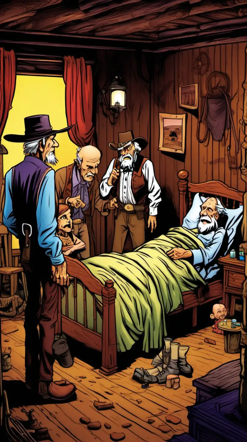 Cartoony color. Interior bedroom night: An old dying man is surrounded by family in the old west