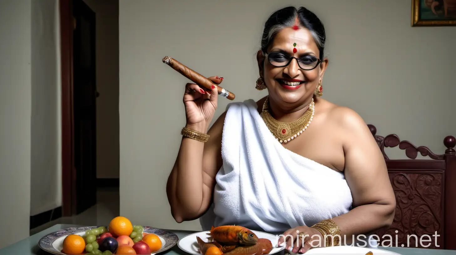 
A indian mature  fat woman having big stomach age 49 years old attractive looks with make up on face ,binding her high volume hairs, Gajra Bun Hairstyle ,wearing metal anklet on feet and high heels, smoking a cigar  in her hand   , smoke is coming out from cigar  . she is happy and smiling. she is wearing pearl neck lace in her neck , earrings in ears, a power spectacles on her eyes and wearing  only a  white velvet  bath towel on her body. she is holding a big fish ,she is sitting infront of a dining table ,on dining table fish fry and rice plate and some fruits are there,  with many cats sitting in luxurious garden its morning time. show full body from top to bottom and show a long shot frame.