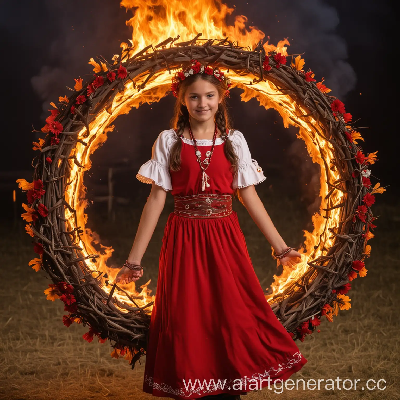 Joyful-Celebration-Girl-Dancing-Around-a-Fire-with-a-Wreath