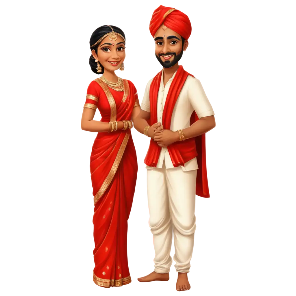 Exquisite-South-Indian-Wedding-Couple-Caricature-in-PNG-Format-Bride-in-Dhoti-and-Groom-in-Red-Saree