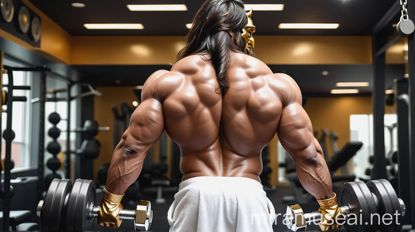 Muscular Indian Man in Gym Wearing Bull Mask and Holding Dumbbells