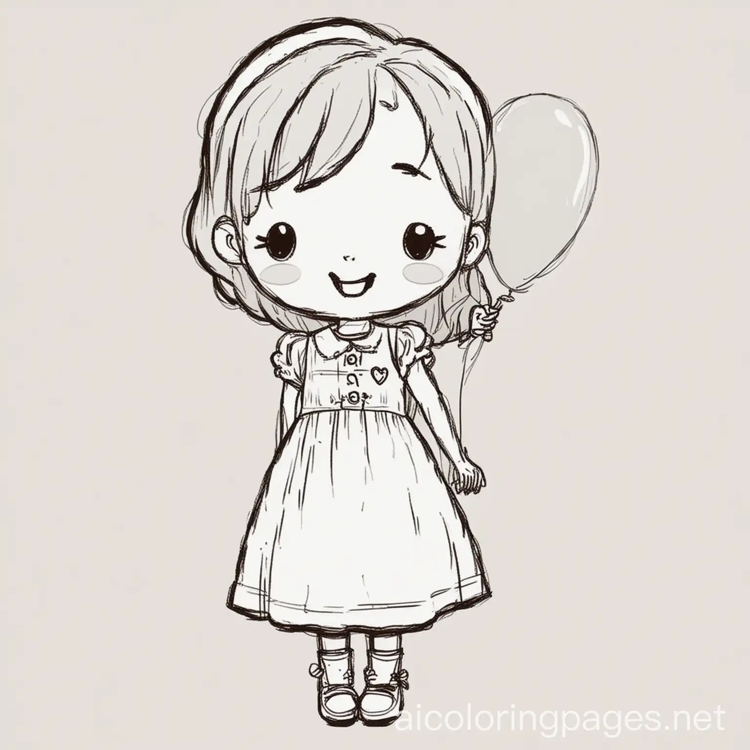 Kawaii Girl with a Balloon: A cute girl holding a heart-shaped balloon with a big smile and simple dress.
:thick line ,no shadow , white background, no color , Coloring Page, black and white, line art, white background, Simplicity, Ample White Space. The background of the coloring page is plain white to make it easy for young children to color within the lines. The outlines of all the subjects are easy to distinguish, making it simple for kids to color without too much difficulty