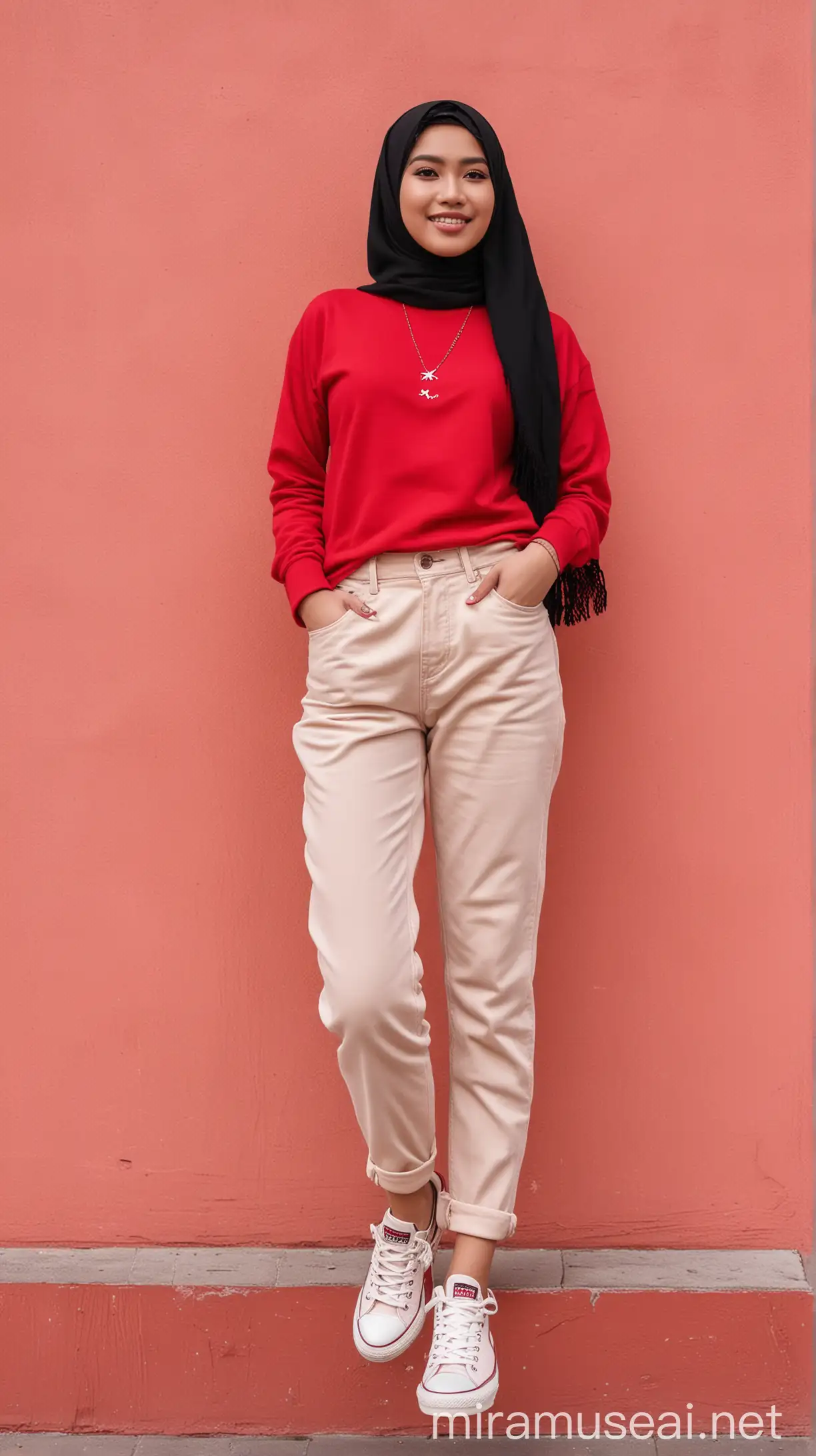 photo of an Indonesian woman, wearing a black hijab, very beautiful, wearing a red sweater, cream jeans, Converse pink shoes,red wall background, photo taken by S24 ultra camera, UHD