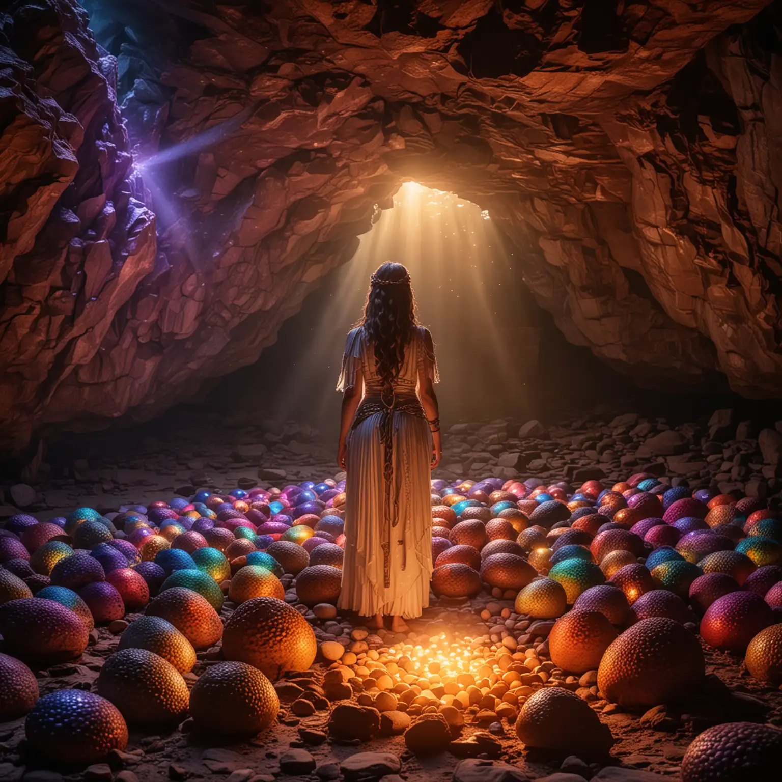 a goddess standing in front of a cave that is covered in dragon eggs with rainbow light shining down from above
