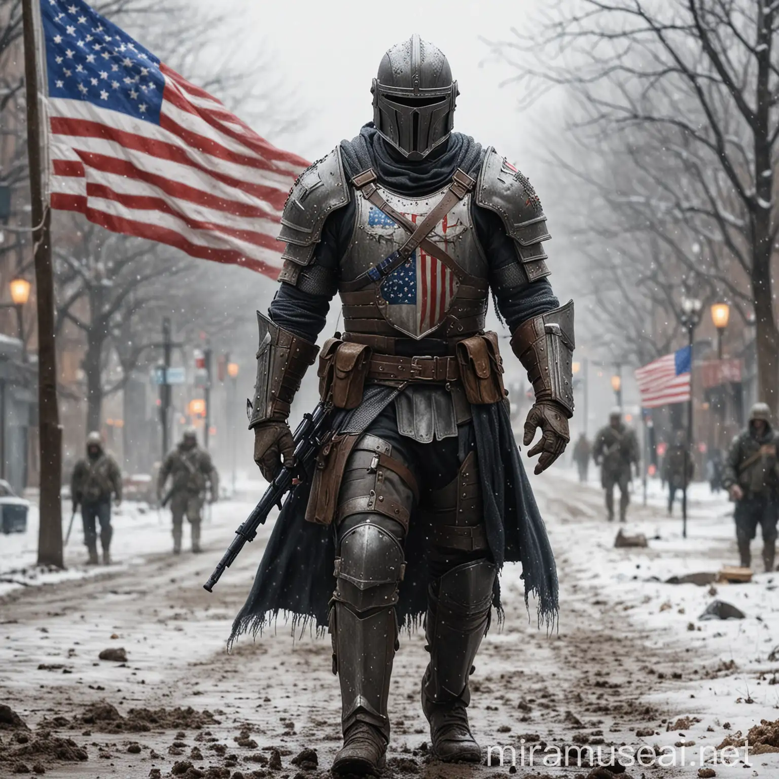 USA soldier as middle age  holy knight  in modern world. Add America flag colors to armor.Snowy weather,ground is mud.He has modern armor,knight helmet and gun .Realistic,detailed.Near  to city