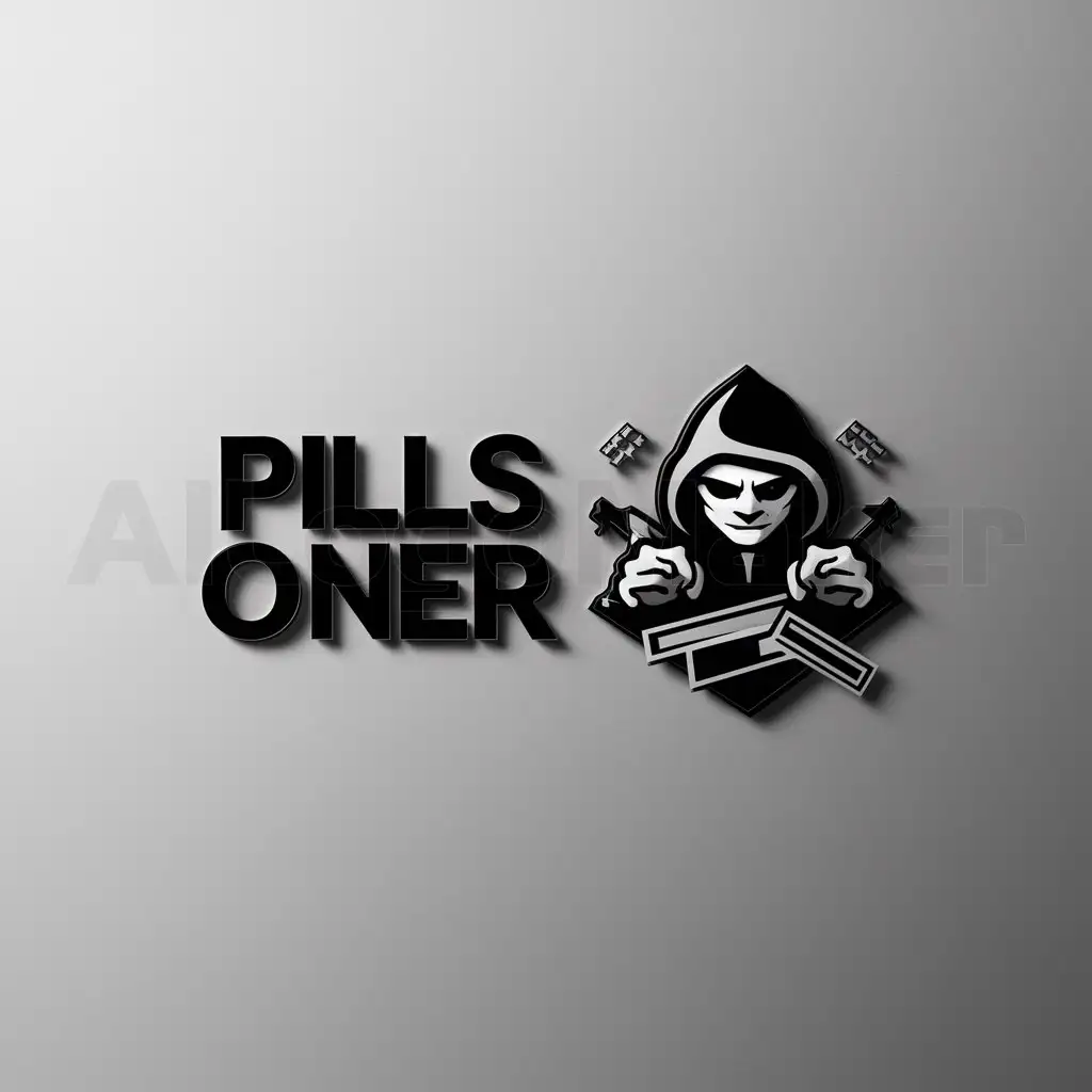 a logo design,with the text "PILLS ONER", main symbol:Hacker malvado con tarjetas de crédito and illegal things,Minimalistic,clear background