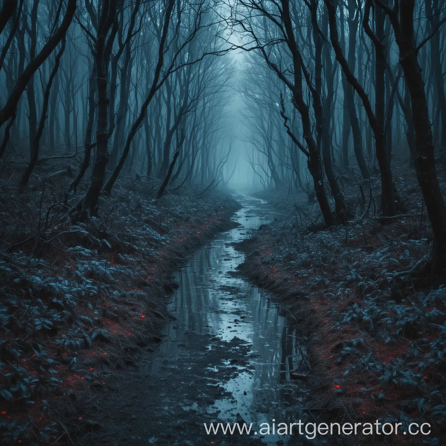 dark forest in blue tones sits in the middle of a path while it rains blood