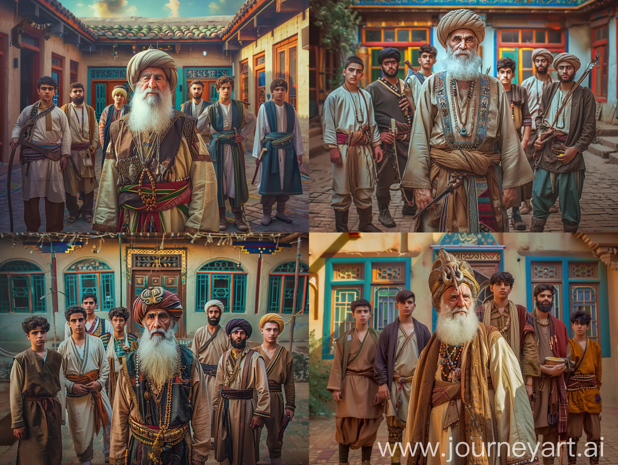 Ancient-Persian-Elder-and-Seven-Youths-in-Traditional-Attire-Amid-Courtyard-Wonders