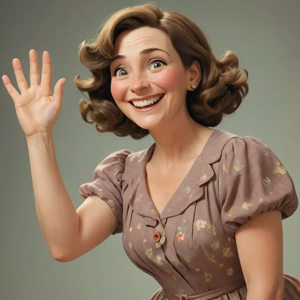 A woman in her 40s, dressed in a 20th century style dress, waves goodbye and smiles. She has a big, flattened nose and sad eyes. In the image, she can be seen in full, her arms and legs are visible.