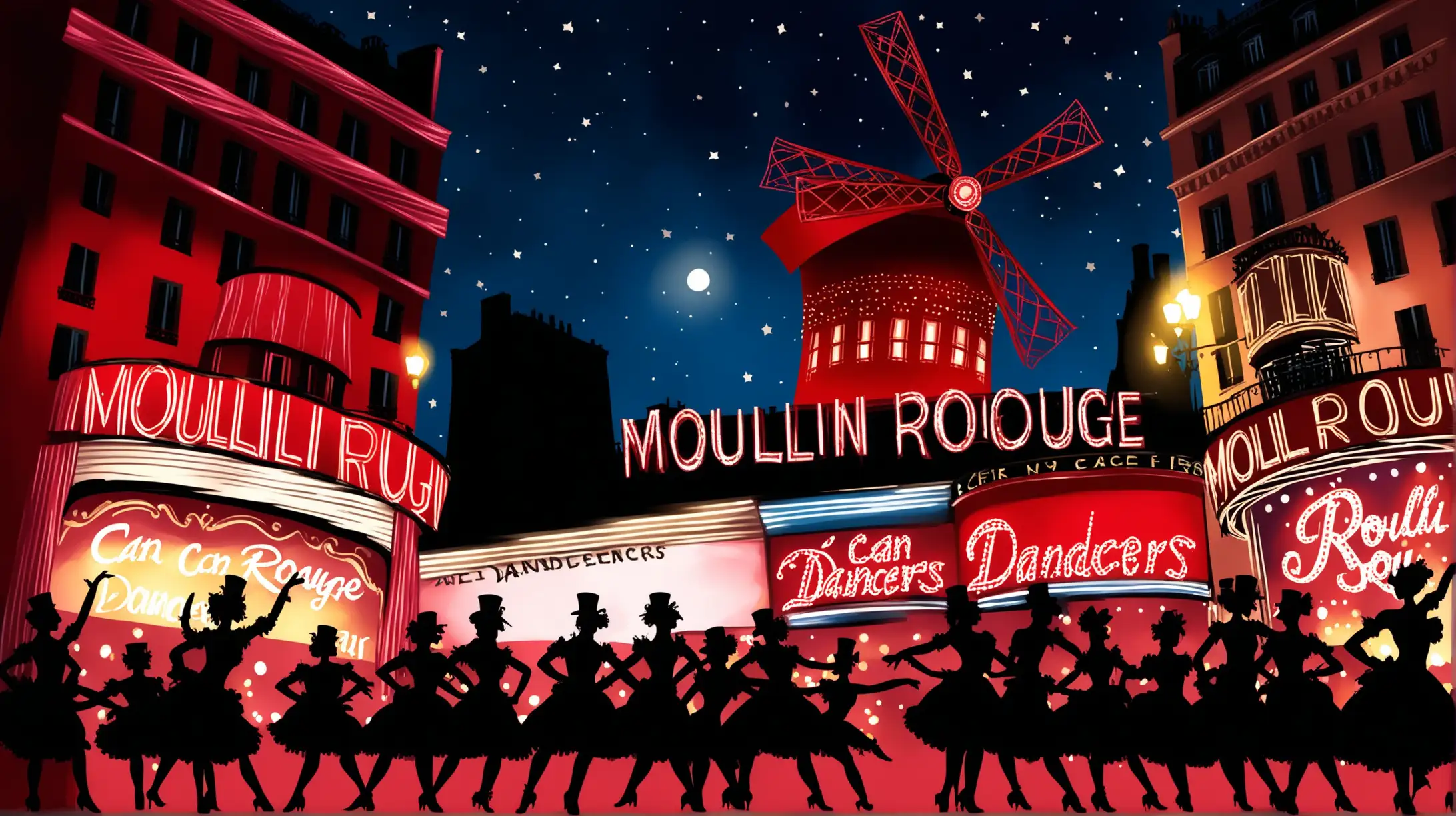 Vibrant Can Can Dancers at Moulin Rouge Against Eiffel Tower Silhouette