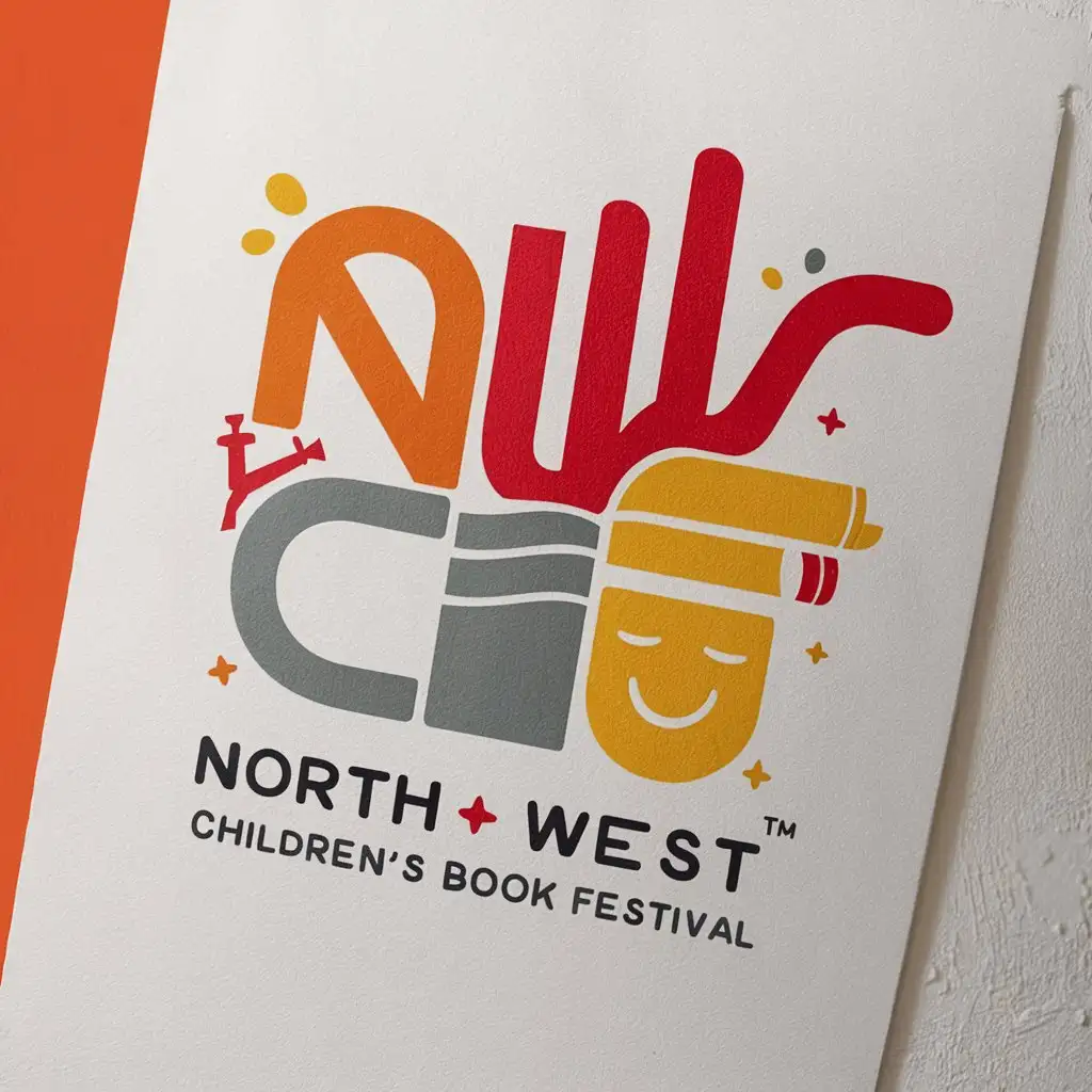 Create a symbolic letter logo design for the "North West Children's Book Festival". colours; orange, red, grey, yellow. white background