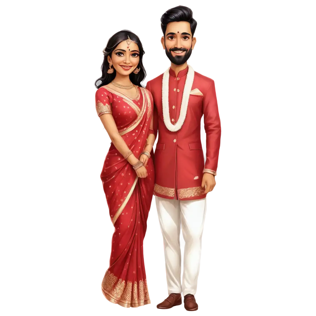 Indian-Wedding-Couple-Caricature-DhotiClad-Bride-and-SareeClad-Groom-PNG-Image