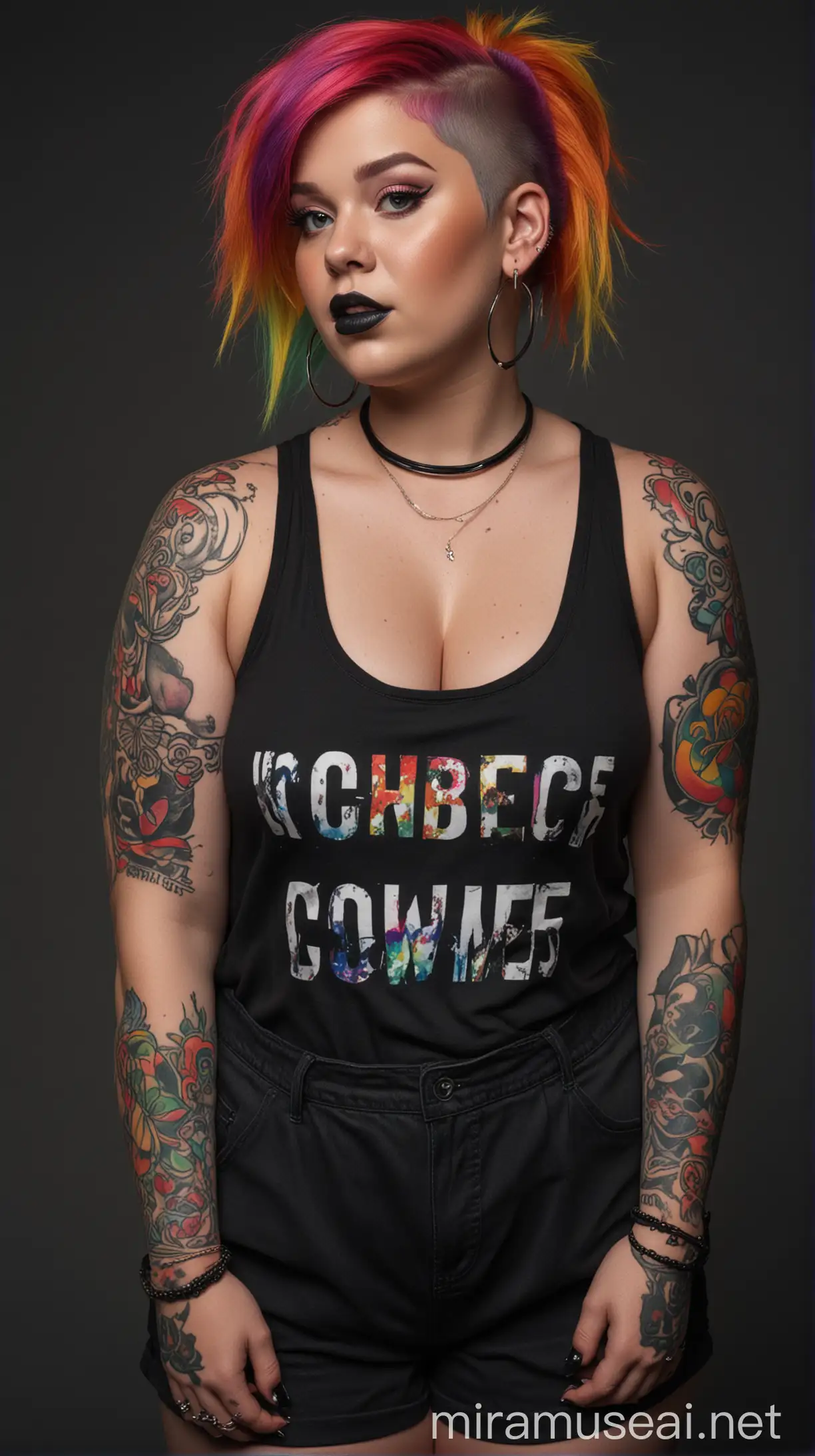Intense Obese Woman with Rainbow Hair and Tattoos in Black Tank Top