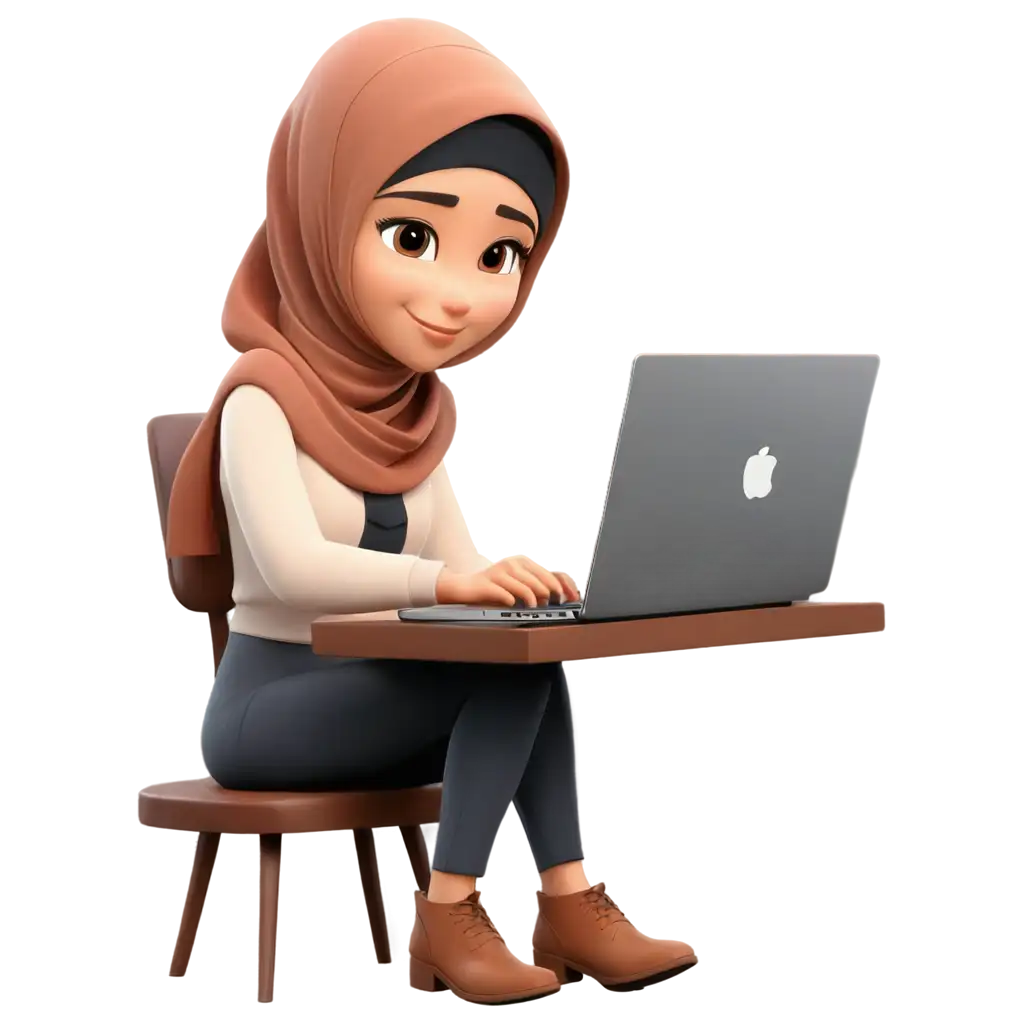 Kartun cute Seorang wanita Asia berhijab sedang duduk mengetik di komputer