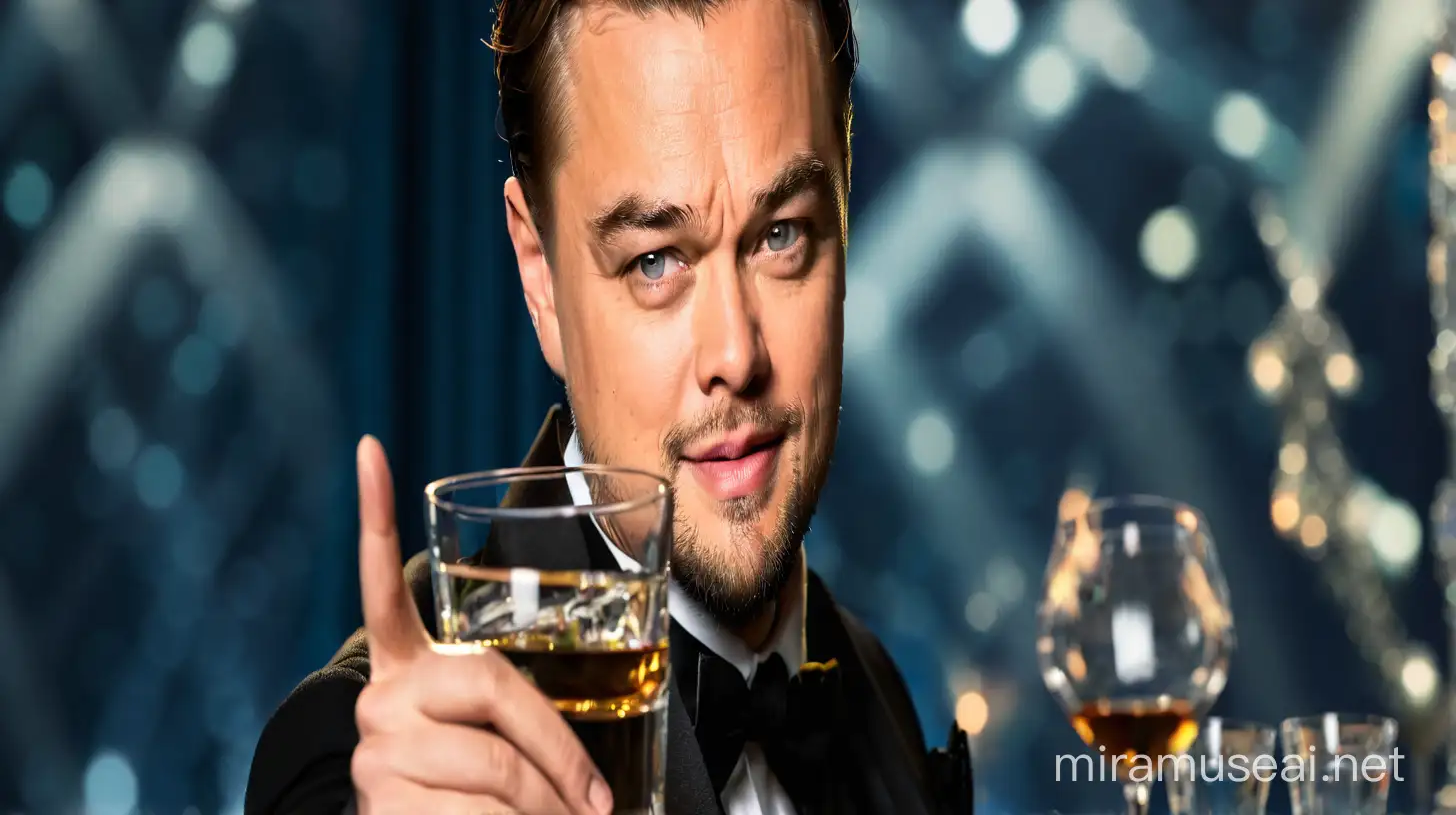 Leonardo DiCaprio in Black Suit Toasting with Glass Forward