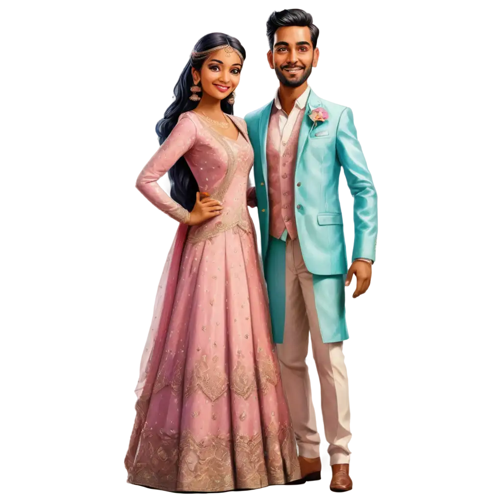 Indian-Wedding-Couple-Cartoon-PNG-Image-Bride-in-Glittery-Pink-Lehenga-and-Groom-in-Pastel-Teal-Tuxedo