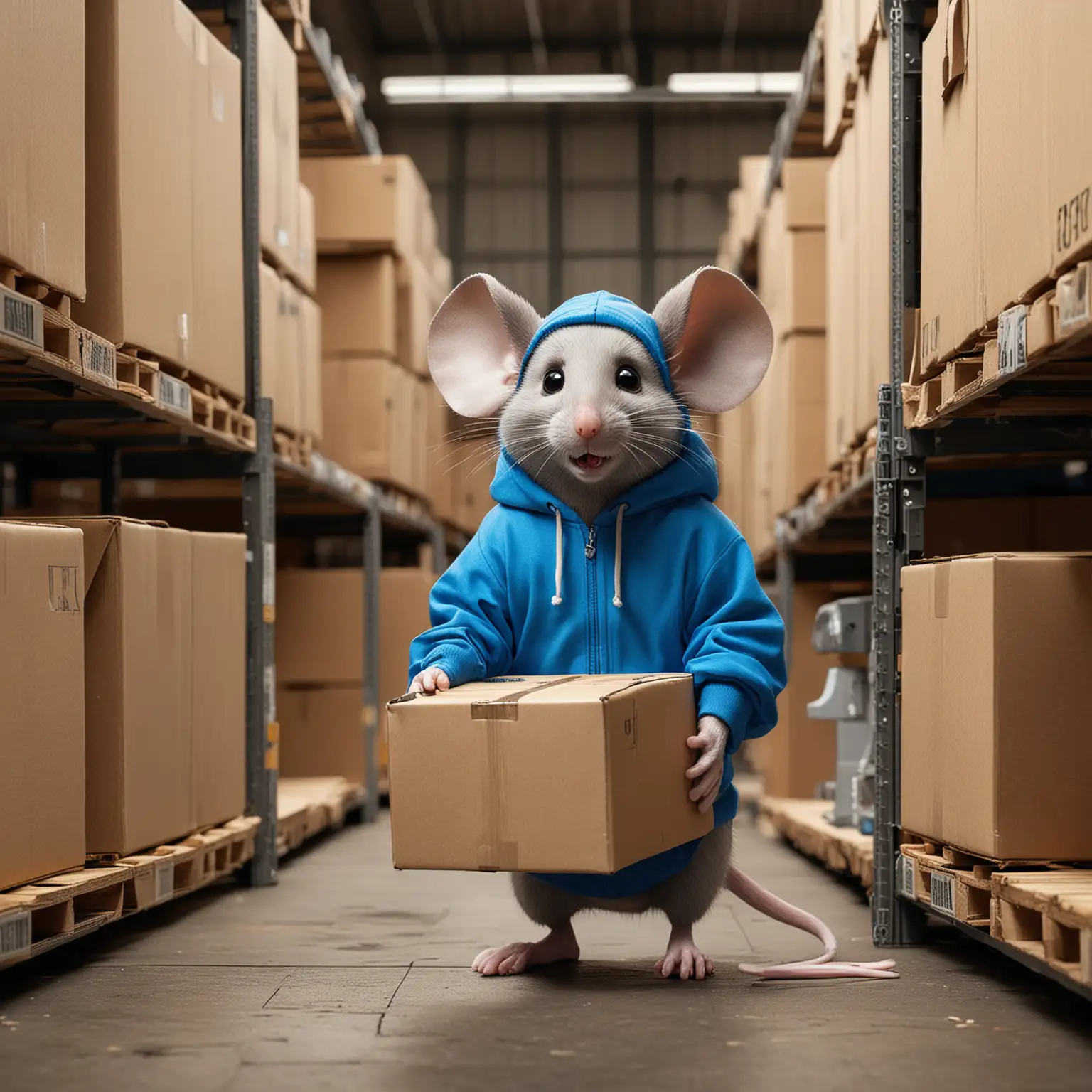 A big mouse wearing a blue hoody loading boxes on a warehouse shelf