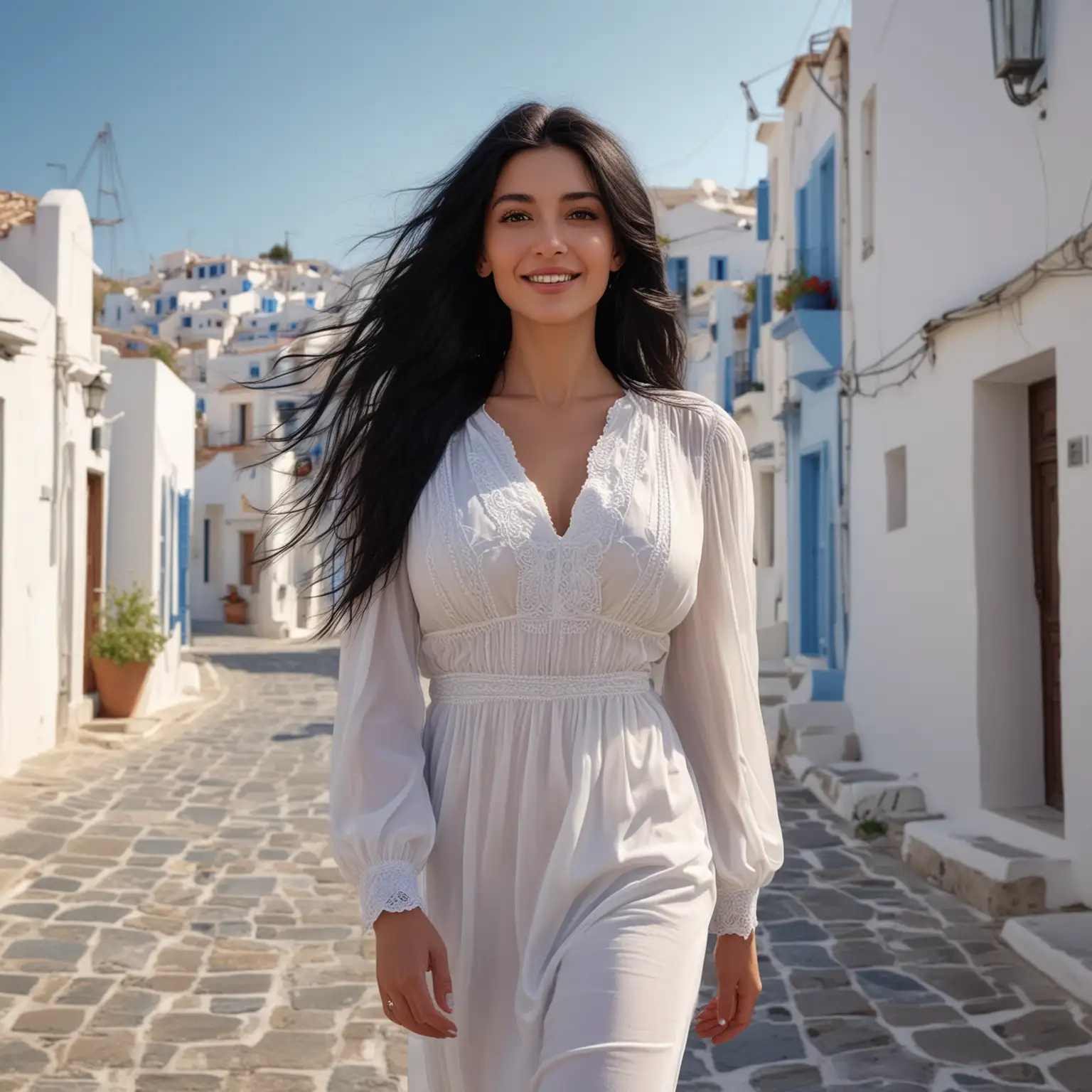 Happy long black haired woman, is wearing a white haute couture blouse, walking through Greece, big breast, slim muskular body. Photo-realistic with Full HD 4K quality  