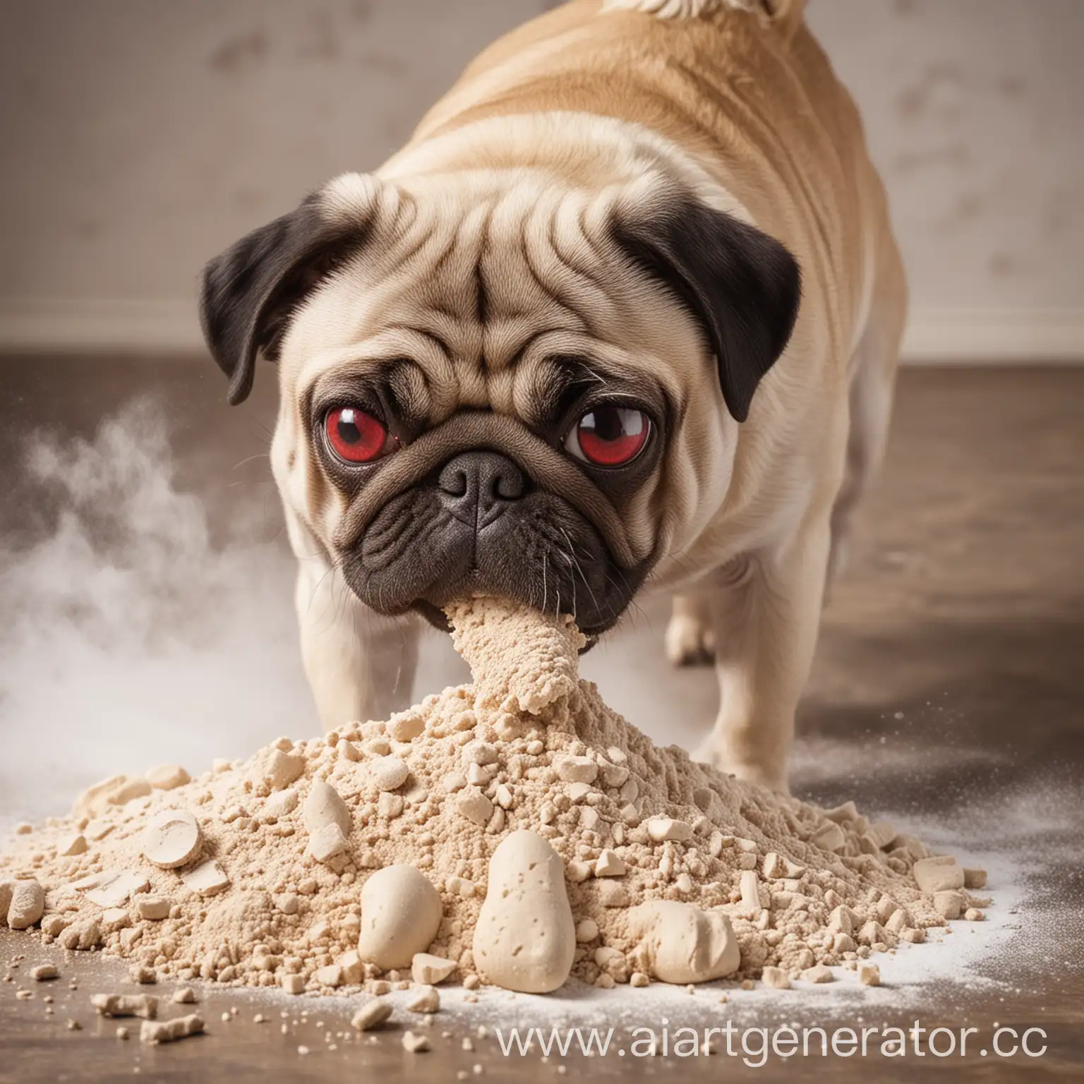 A stoned pug with red eyes sniffs flour through a tube