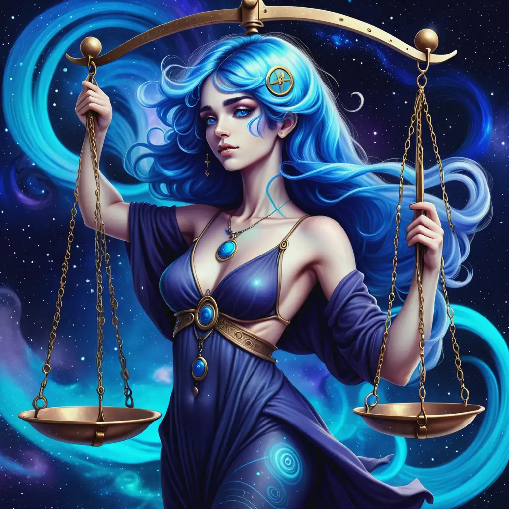 blue hair beautiful LIbra lady, balancing scales, her hair is flowing in the breeze, the background is galaxy colored, there are symbols behind her