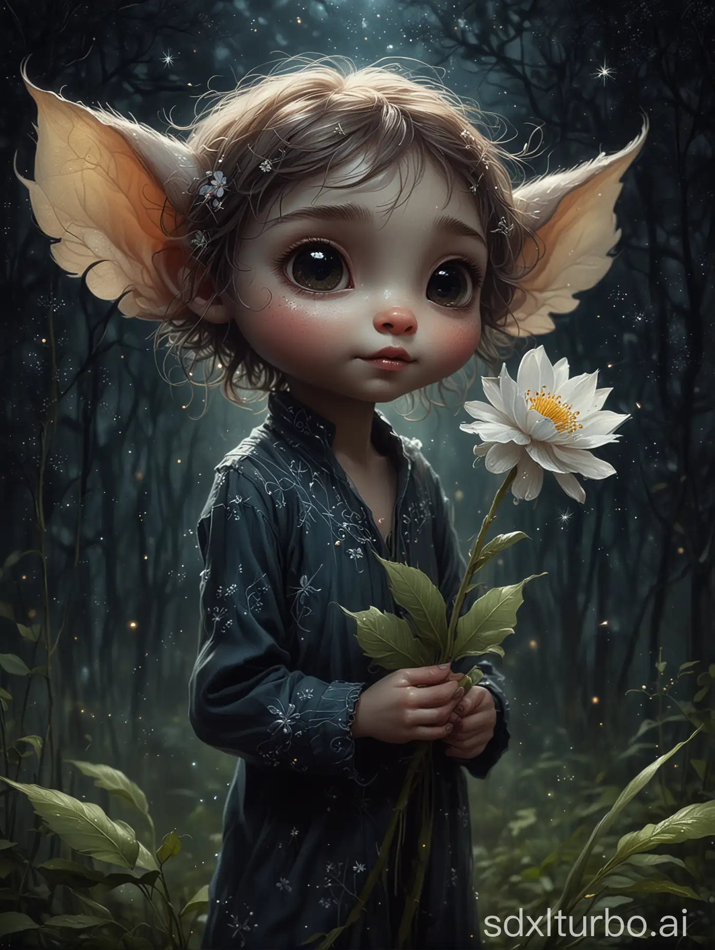 Art by mandy disher
Art by Charlie Bowater
close-up of a tiny cute scrawny creature holding a flower in a dark forest, starry sky, atmospheric, focus depth, highly detailed oil painting, Artstation