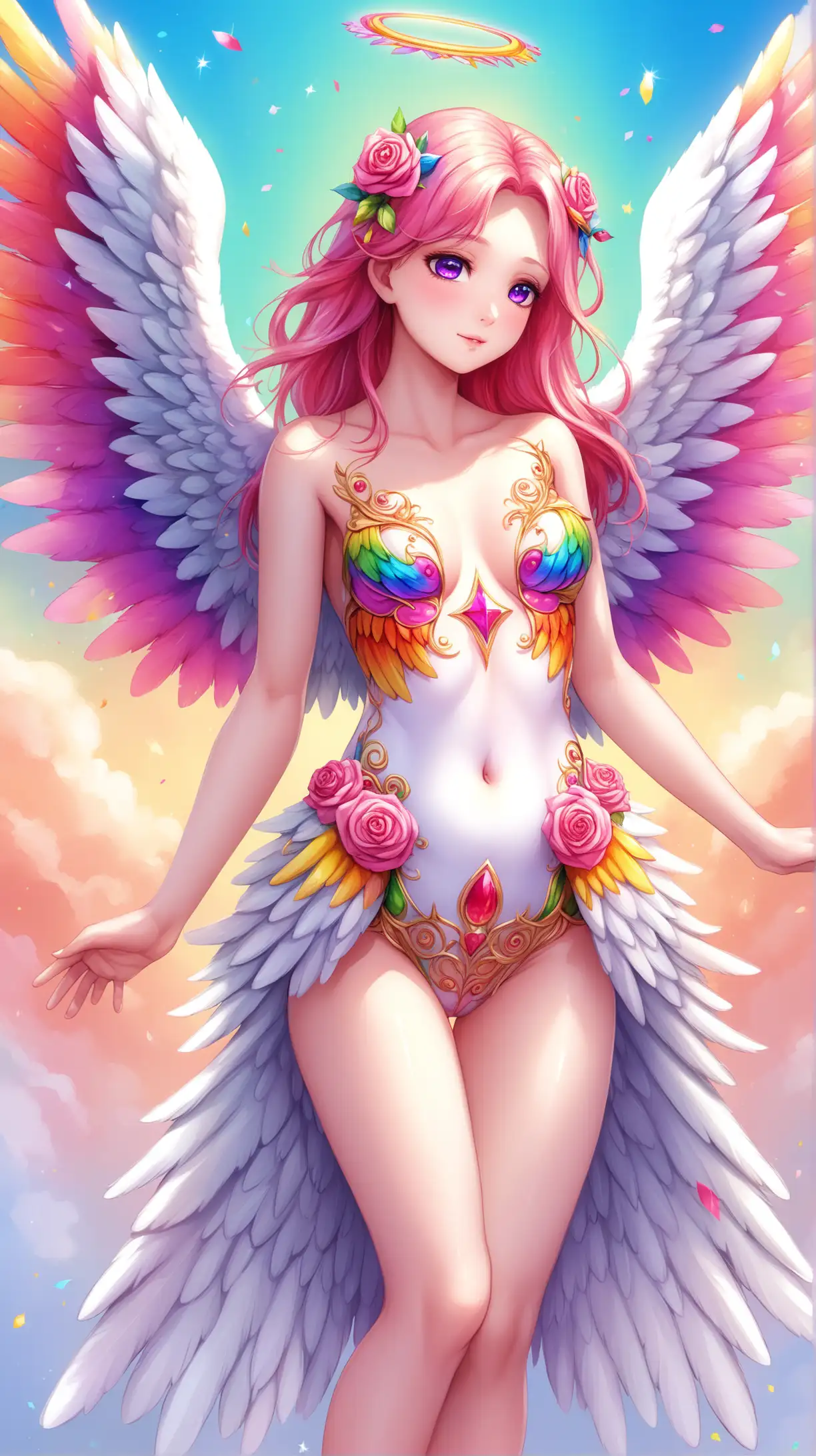 adult angel with a rosy complexion and vibrantly colorful wings