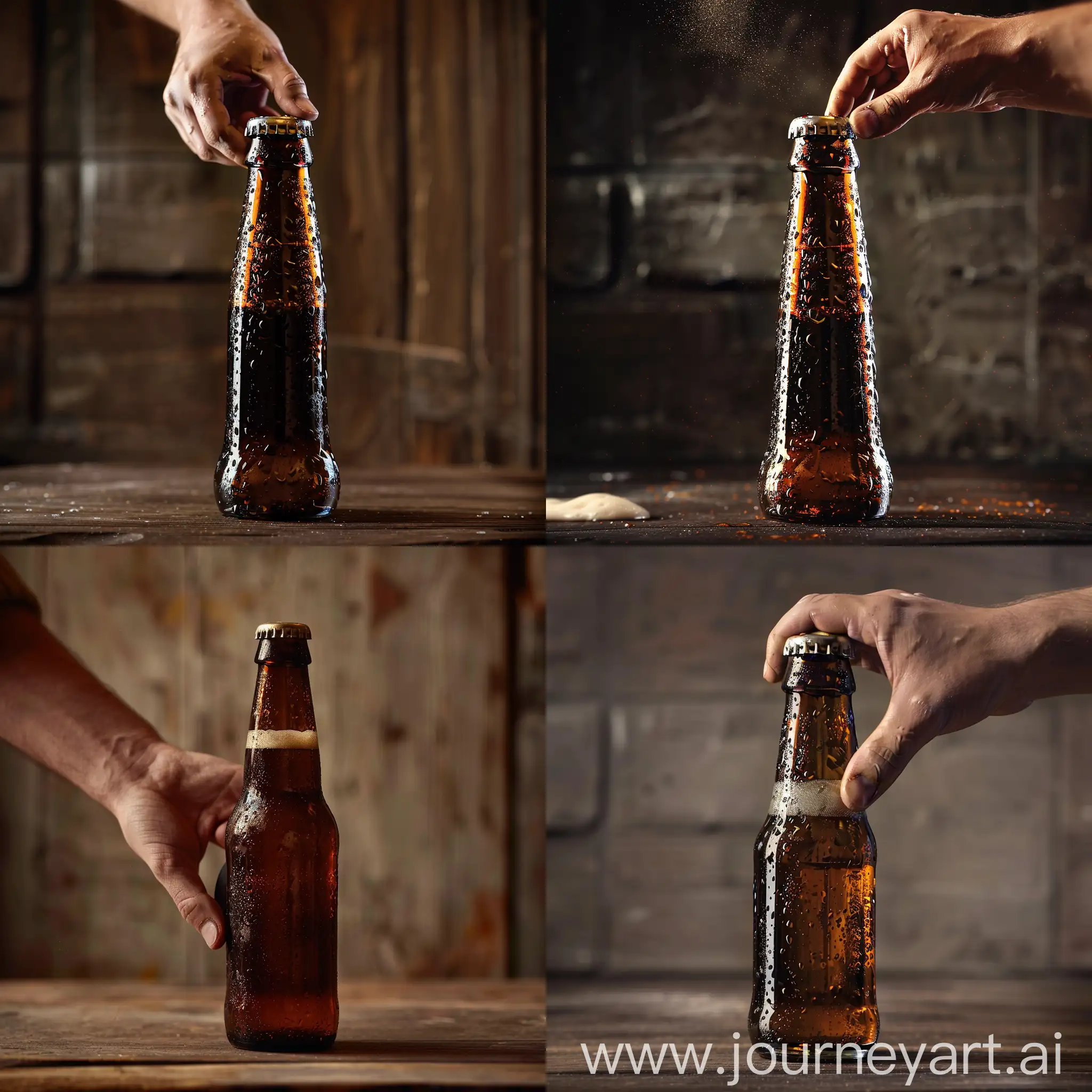 In this captivating front-view scene, a hand is shown in the process of opening a bottle of beer. The bottle, held steadily in one hand, features a label with a bold and modern design that reflects the brand's unique identity. As the bottle is opened, the anticipation of the moment is palpable.
The beer inside the bottle shimmers with golden hues, its bubbles dancing excitedly in the light. The effervescence and froth of the beer create a dynamic visual effect, enhancing the atmosphere of energy and vibrancy in the scene.
The combination of the bottle's design, the beer's lively carbonation, and the act of opening the bottle generates an ambiance of celebration and camaraderie—a visual representation of the joy and connection experienced when sharing a drink with friends and loved ones.