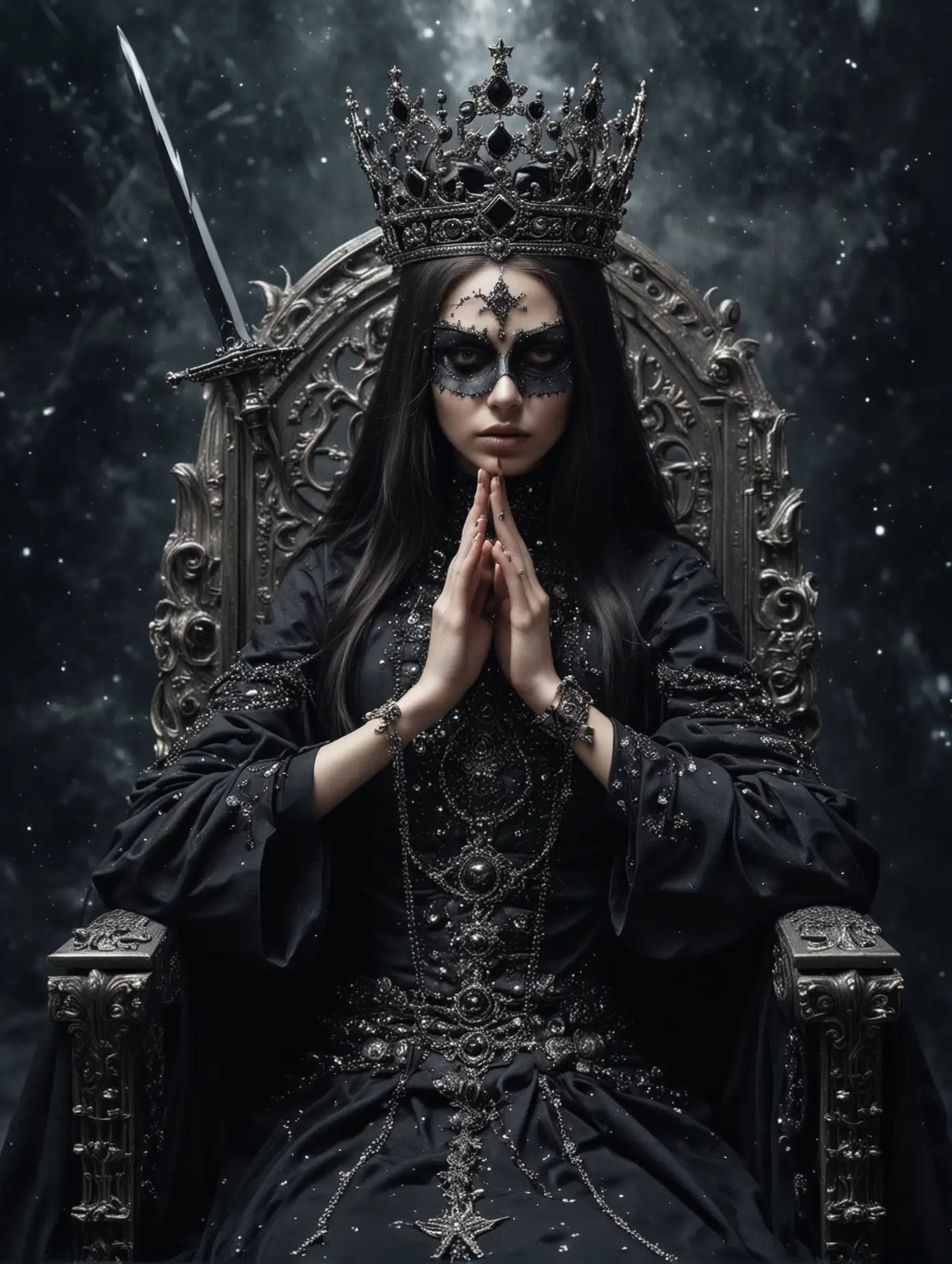 Космос. Звезды. Красивая Сестра Гессерит сидит на троне на краю черной дыры. На глазах черная маска закрывает лицо, в руках  черный меч. Корона на голове. Серебряные украшения.