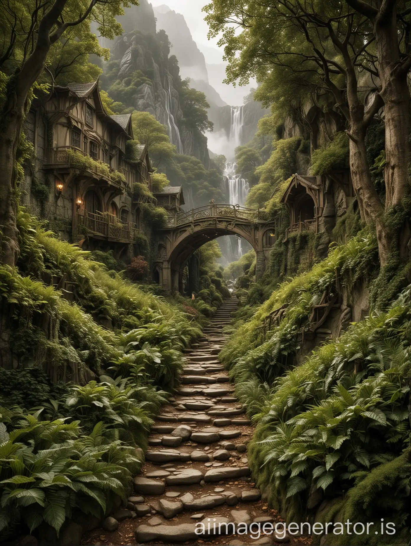 Rivendell located in a hidden valley in the Misty Mountains, surrounded by dense forest and great mountains. Access to this valley is through a winding and hard-to-find path, making it a secluded place from outside threats
