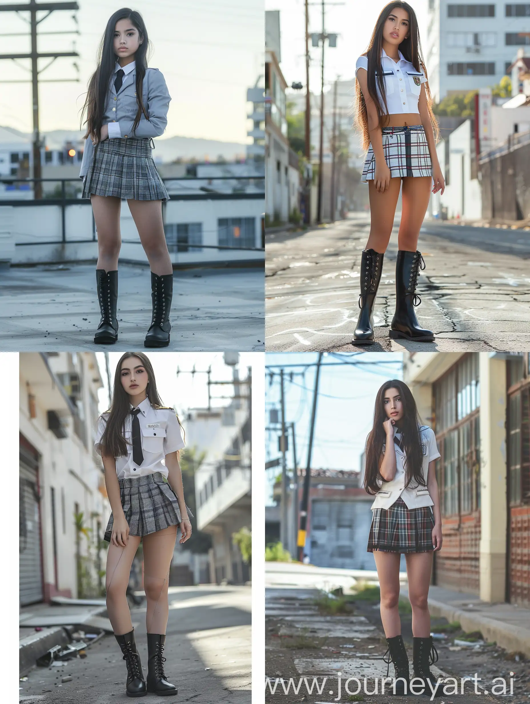 a beautiful tall female latina , long hair, 19 years old,  standing and wearing school uniform style, fully clothed, down view black  boots, urban background