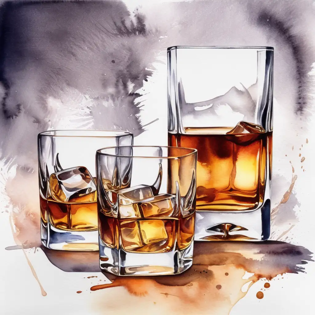 Watercolor Whiskey Flask and Glass Illustration