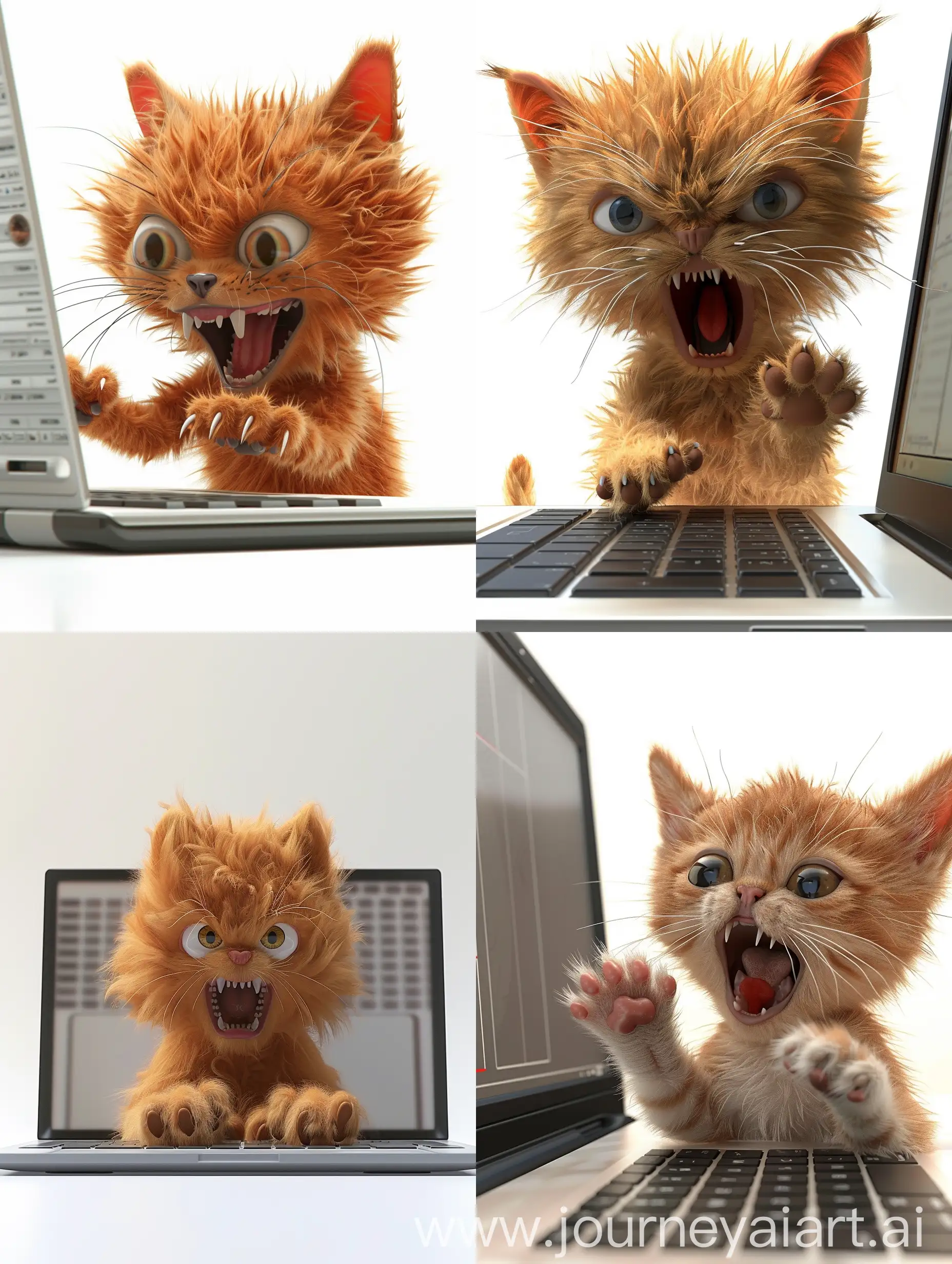 爱宠大机密风格，渲染，3D效果，一只超可爱的小橘猫，毛茸茸，坐在笔记本电脑前面对屏幕，用爪子敲打着键盘，大大的眼睛，张大了嘴巴，生气的样子，非常可爱，让人捧腹大笑，白色背景

