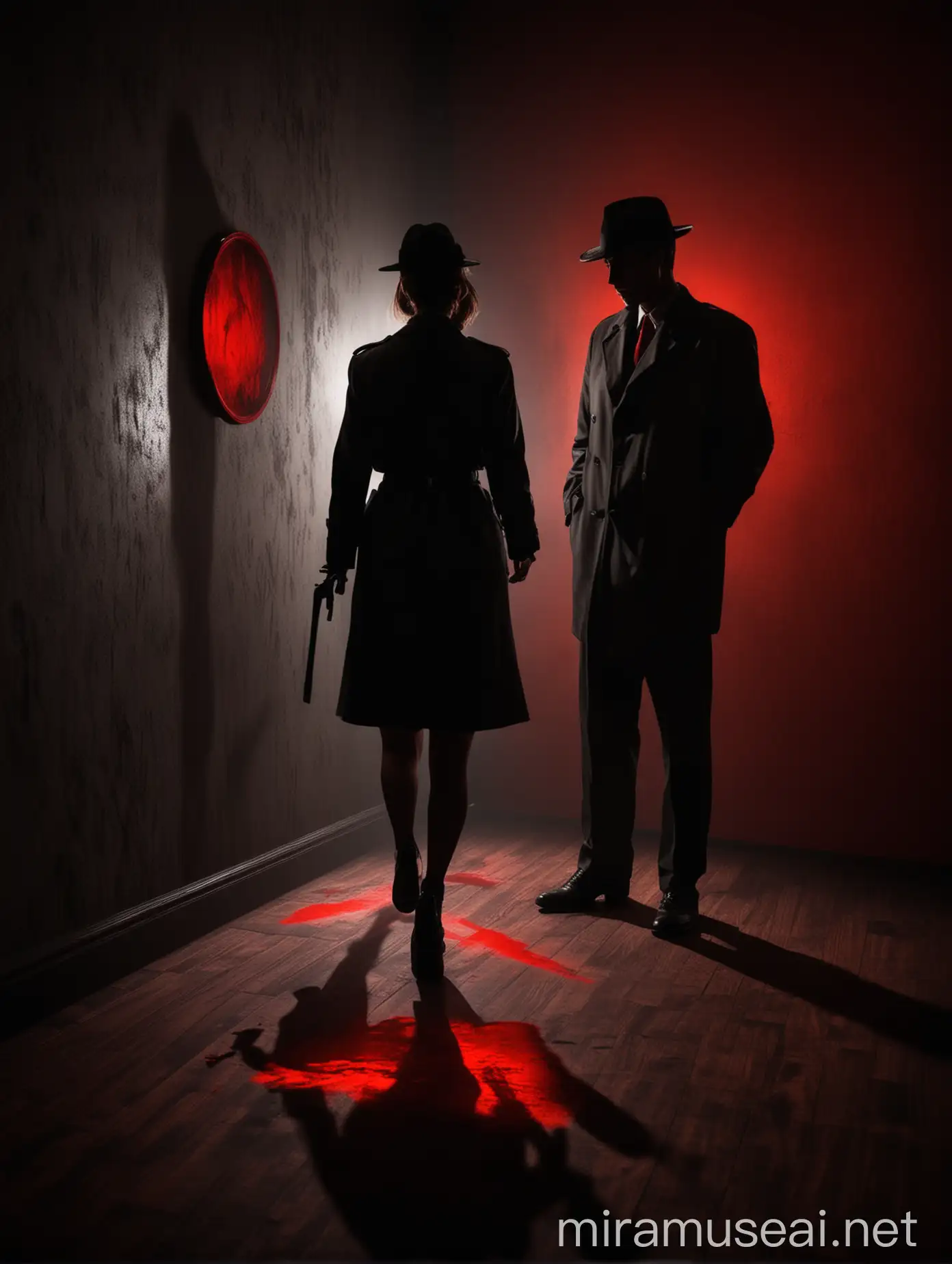 A beautiful detective lady searching a crime scene, with a mysterious shadow of a man watching her from the red black glowing dark