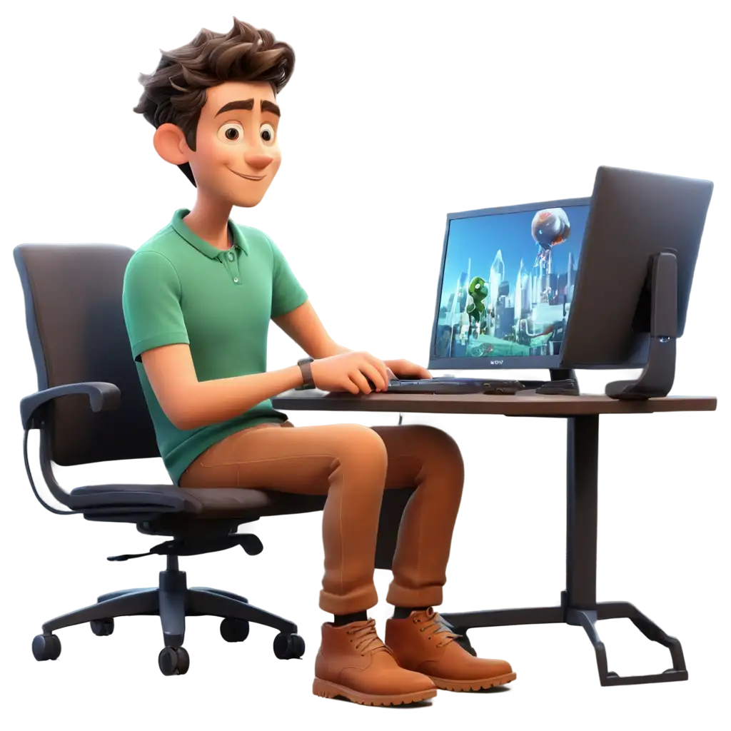 3d pixar cartoon style streamer young man sitting at a computer high detail great composition evening light vibrant colours
