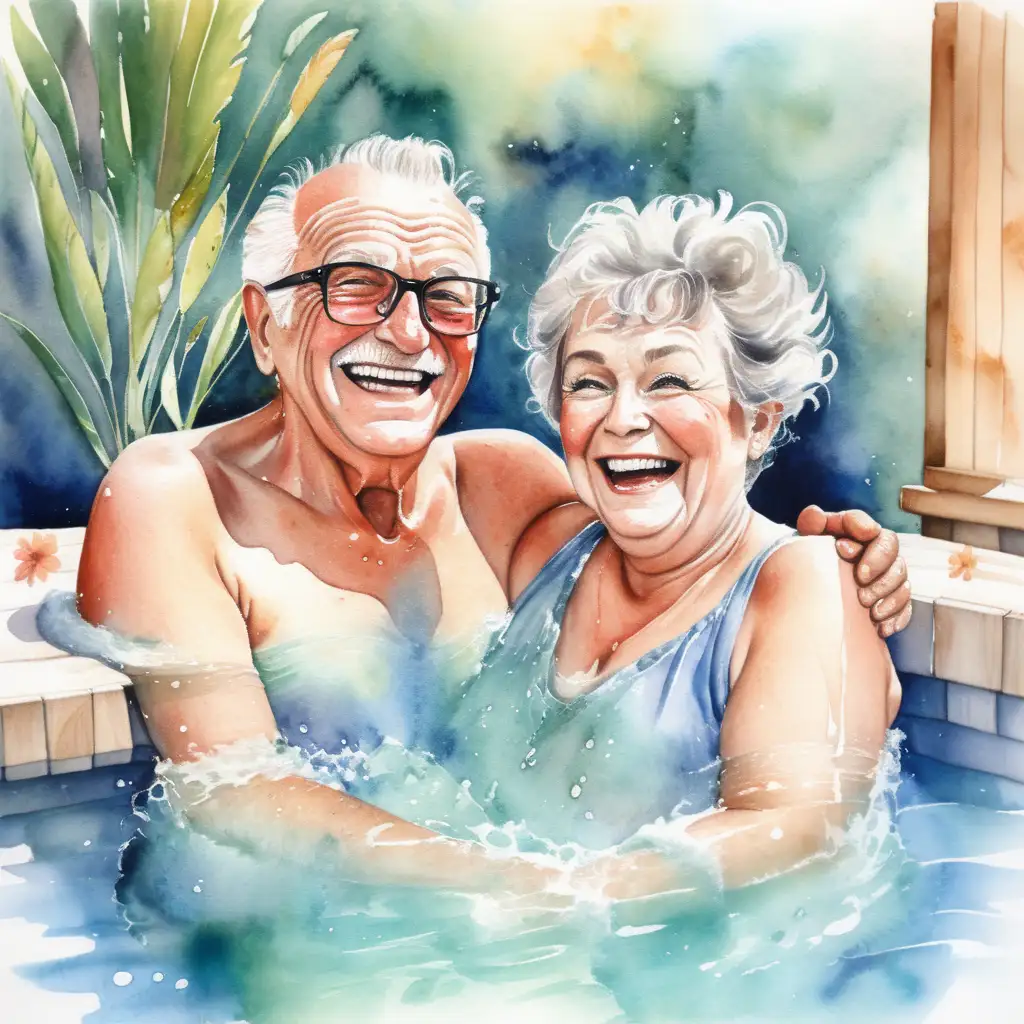 Joyful Elderly Couple Enjoying Spa Day in Vibrant Watercolors