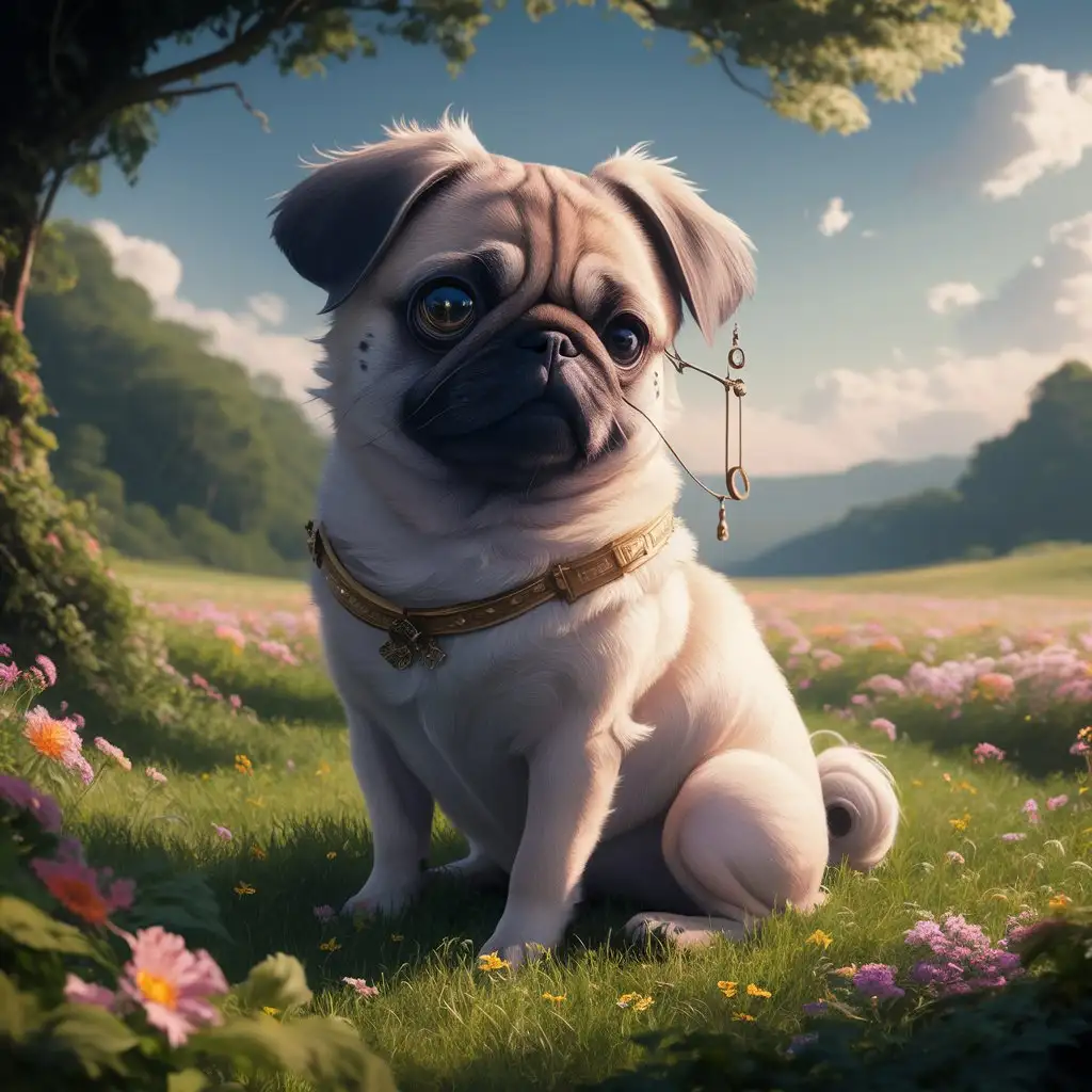 high quality, 8K Ultra HD, masterpiece. A digital illustration of anime style, A pug dog sitting in a a grassy field, surrounded by a vast expanse of greenery and flowers. The sky is blue. The fox is wearing a monocle with a chain hanging from it on her right eye. Her fur is gently swaying in the breeze, and the sun is shining down on her, casting a warm glow, delicate skin, beautiful hair, large eyes, three dimensional effect, enhanced beauty, feeling like Albert Anker, feeling like Kyoto Animation