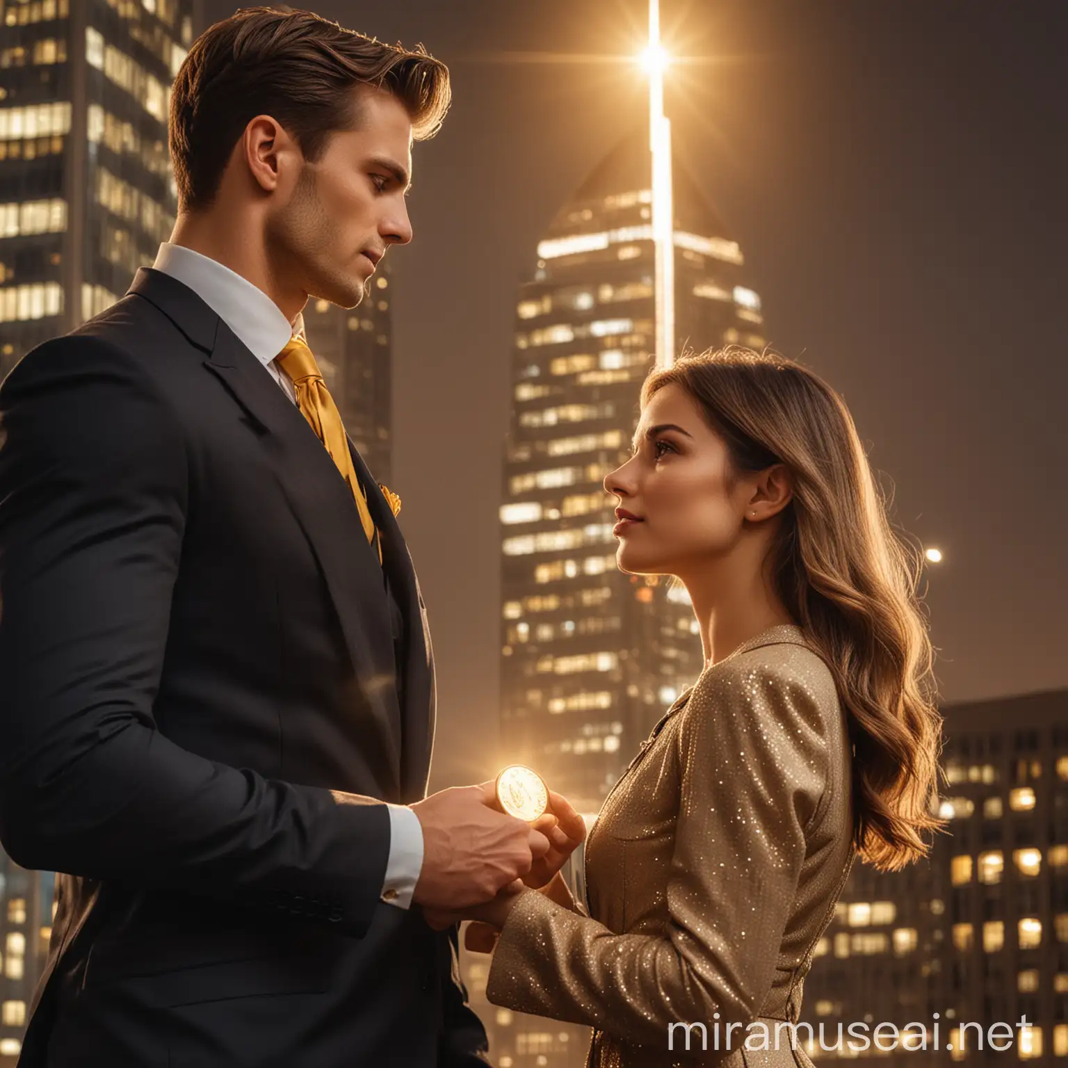 A beautiful lady in a dress, held by a handsome young light muscular man in suit, looking at each other, with a coin standing vertically behind them and a golden luminous light glowing behind them in front of a skyscraper. 