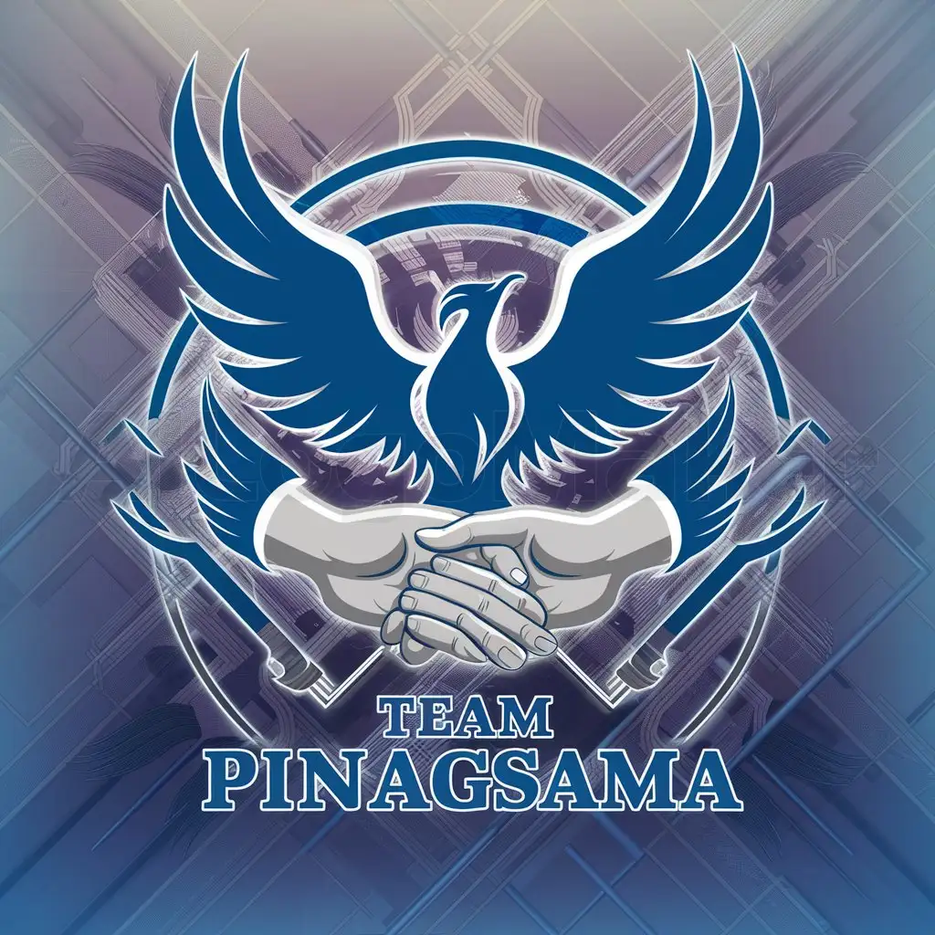 a logo design,with the text "Team Pinagsama", main symbol:A royal blue phoenix with interlocking hands below,complex,clear background